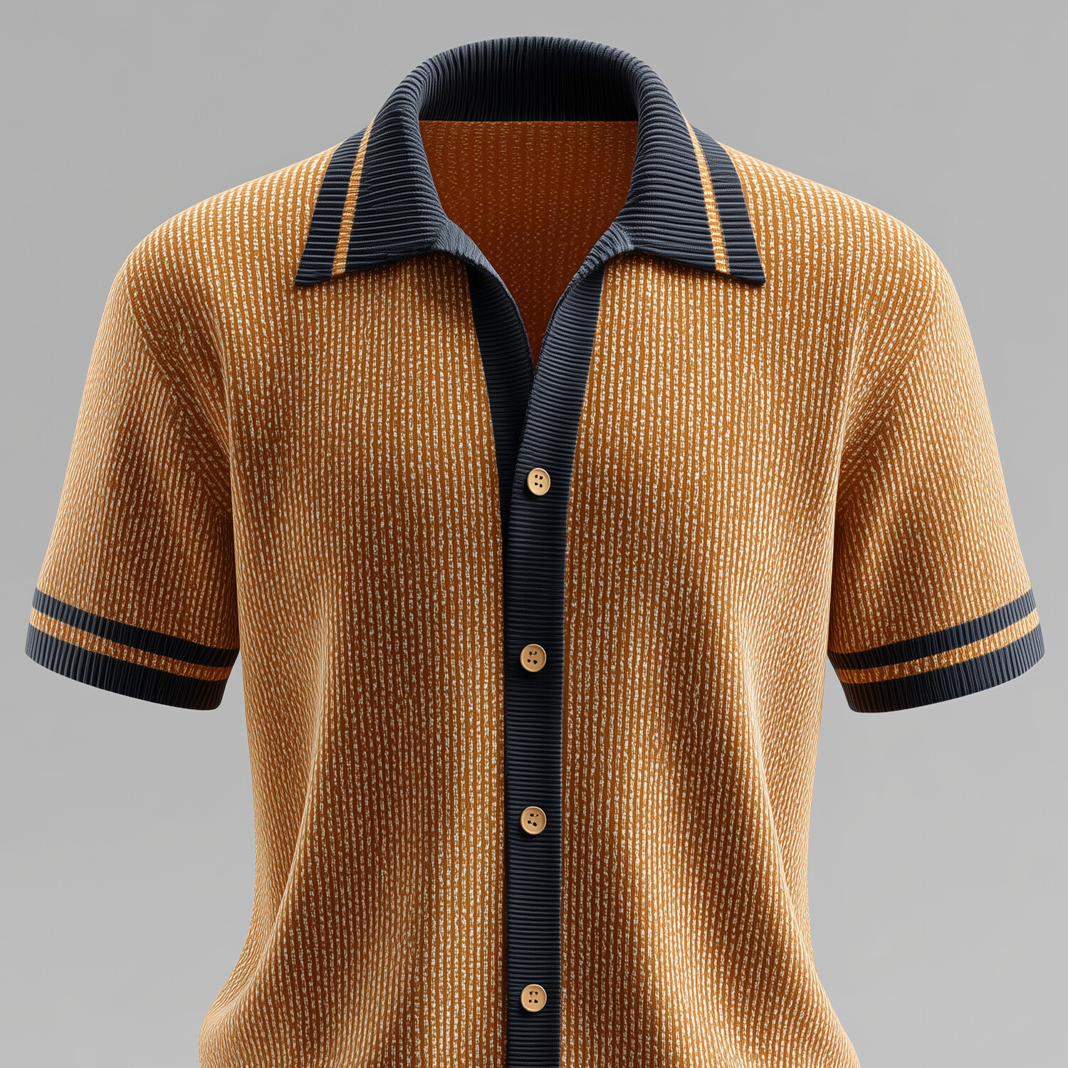 Men's Textured Knit Colorblock Striped Turndown Collar Short Sleeve Shirt