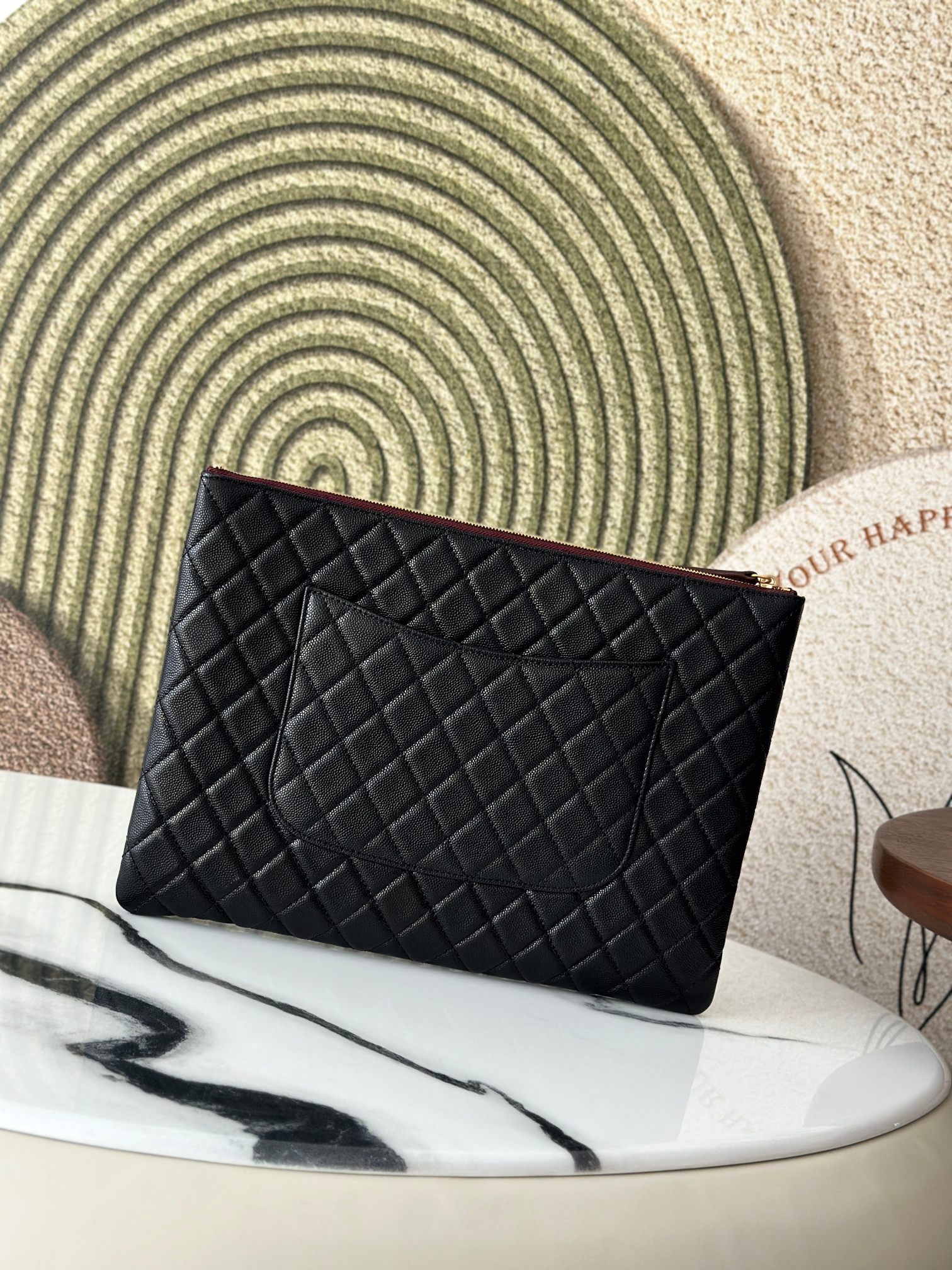 Classic Quilted Caviar Large Zip Pouch Document Case in Black with Gold-Tone Hardware - Mocuir