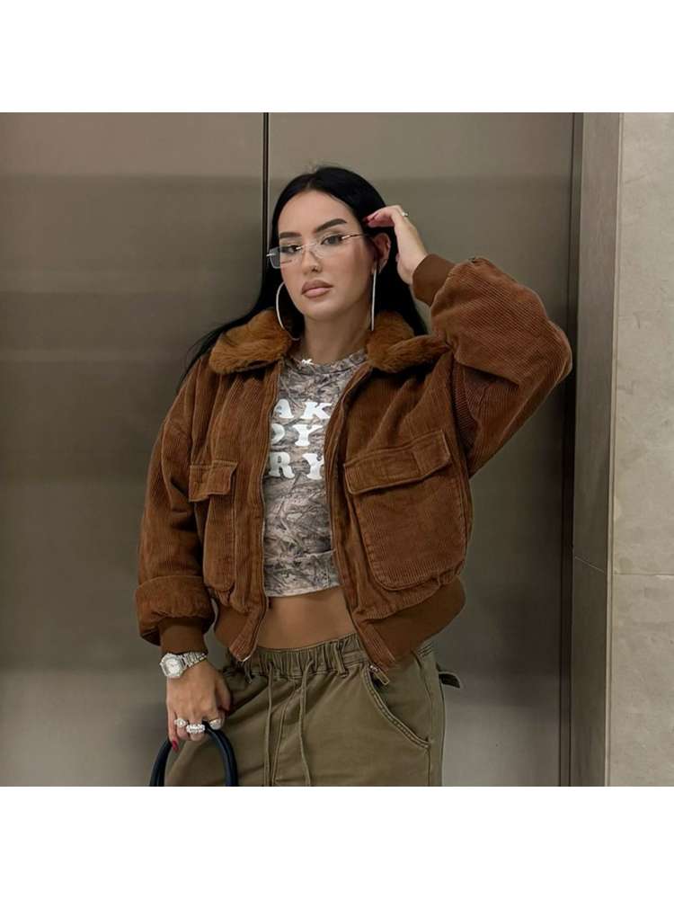 Corduroy Fur Lapel Lantern Sleeve Jackets