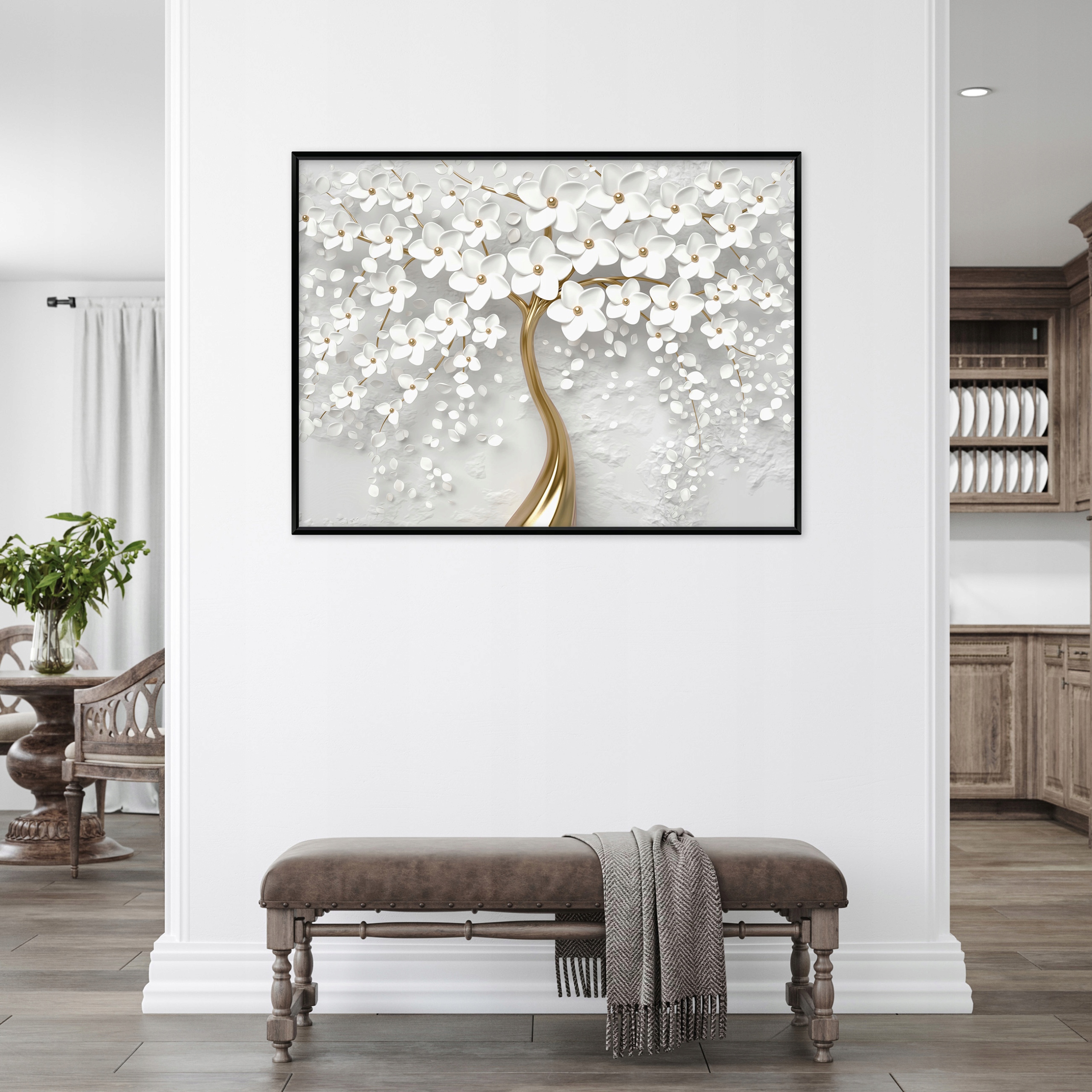 Black framed canvas painting, 3D tree, flowers, living room, bedroom, 60x40