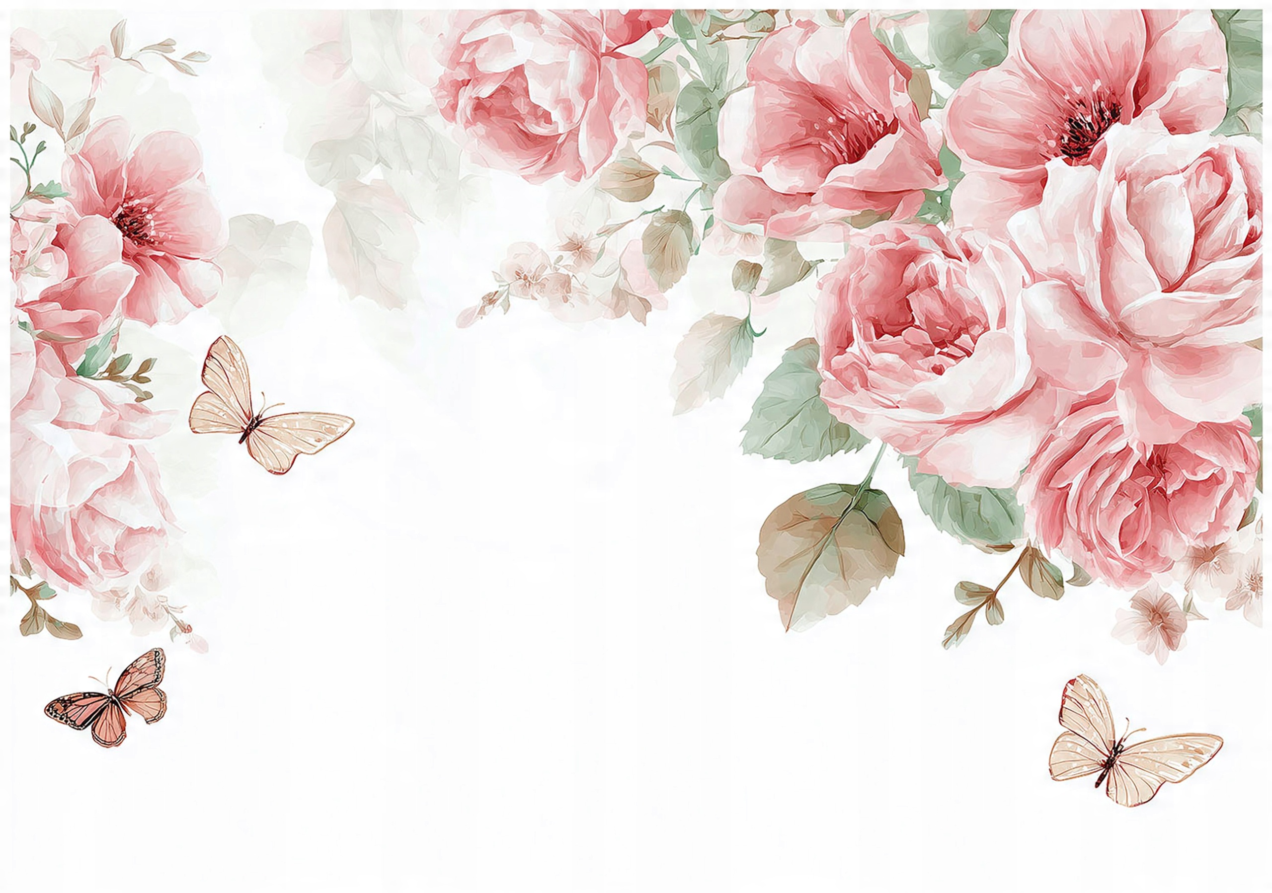 Wall mural with flowers, roses, and butterflies for the bedroom or living room,