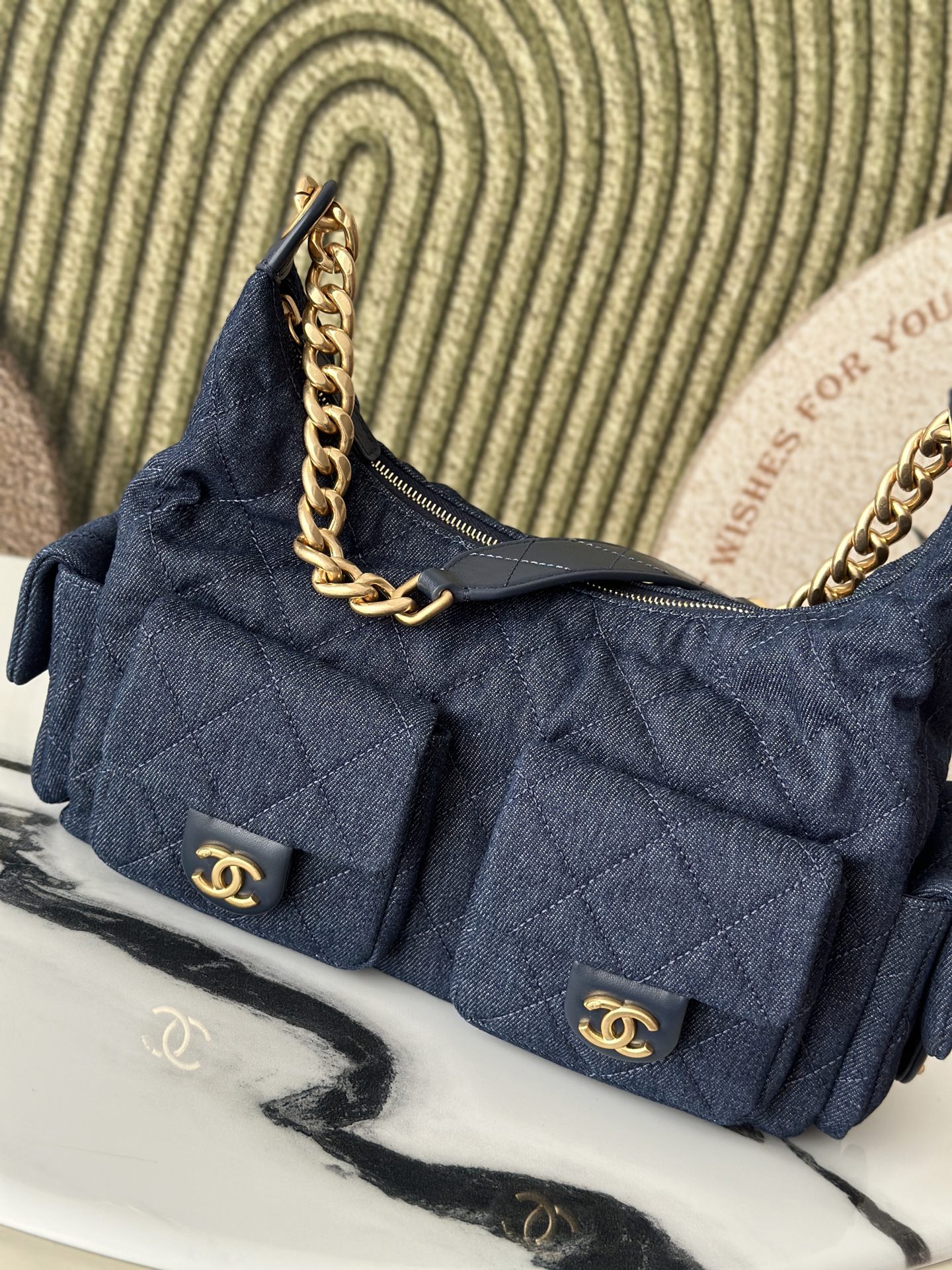 Dark Blue Denim Multi-Pocket Hobo Bag with Gold Hardware - Mocuir