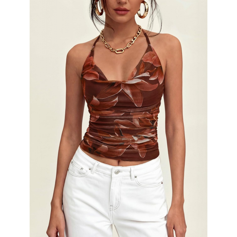 Summer Floral Cowl Neck Halter Tops for Women