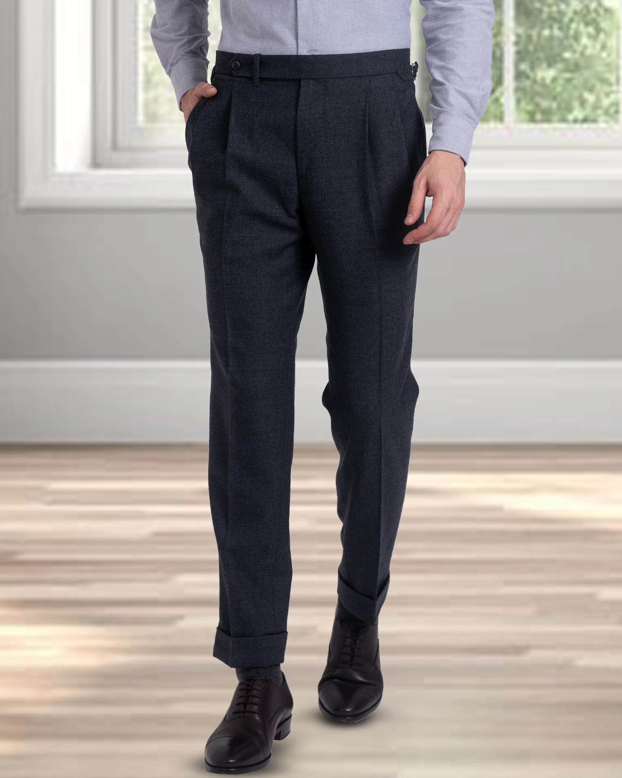 Pleated Dark Grey Wool Flannel Dress Pant