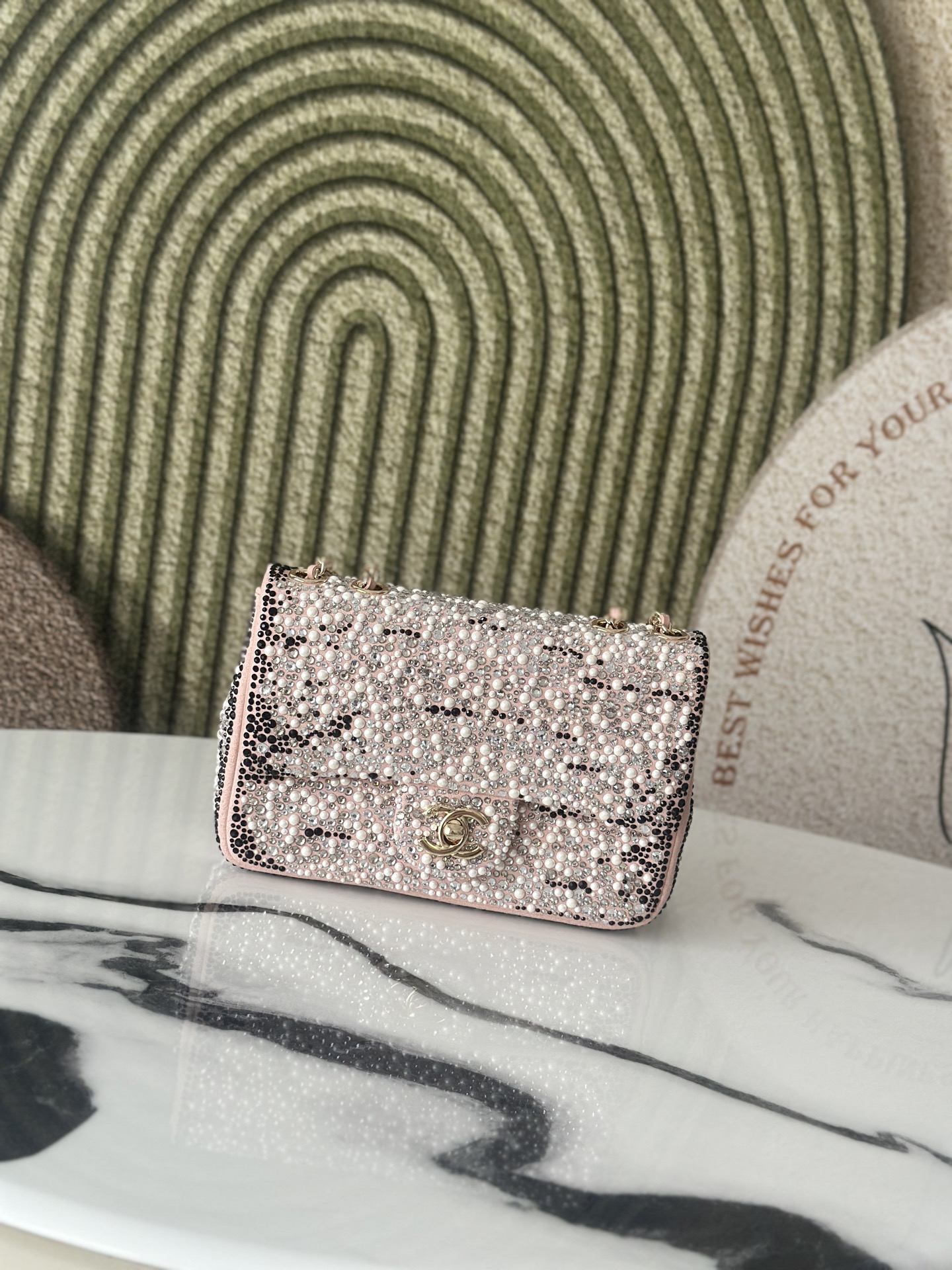 24C25C Small Classic Flap Bag in Sakura Pink Crystal & Pearl Embellished Lambskin with Leopard Pattern & Light Gold-Tone Hardware - Mocuir