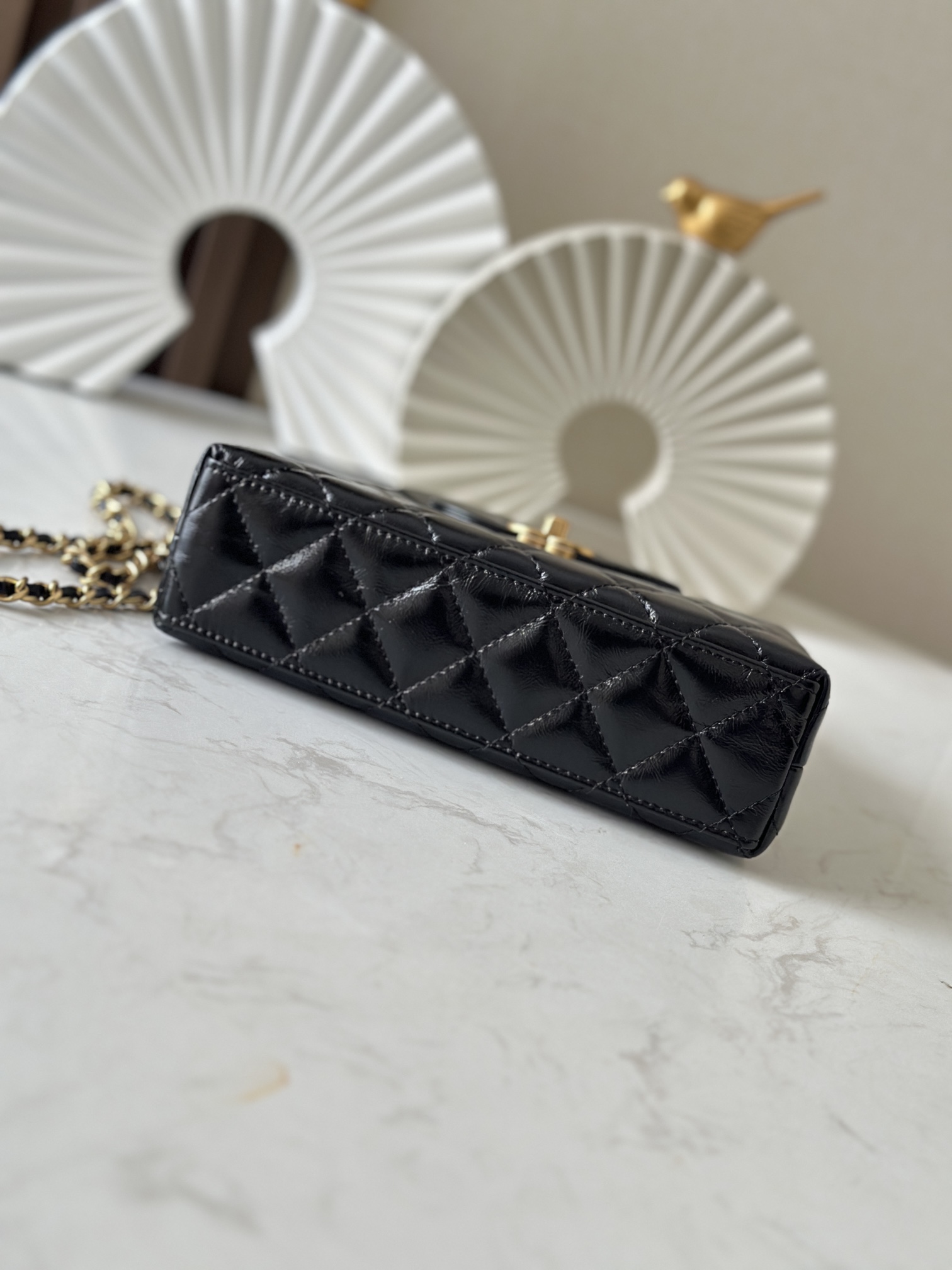 Black Shiny Calfskin Quilted Mini Kelly-Style Handbag with Gold Hardware - Mocuir