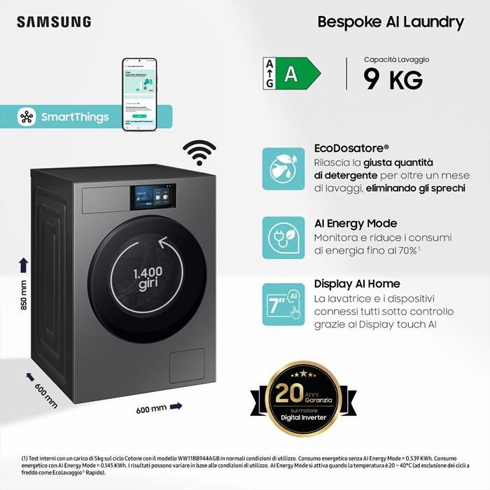 SAMSUNG - Lavatrice WF90F09C4SU3 9KG Classe A-Dark Silver Steel - oblò Nero