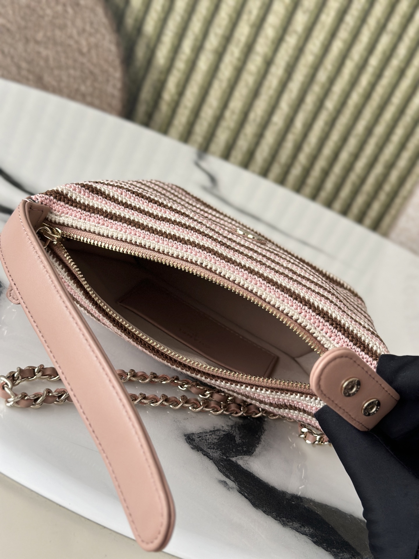 26P Cruise Mini Hobo Pouch with Chain in Pink/Brown/White Striped Crochet and Lambskin with Light Gold-Tone Hardware - Mocuir