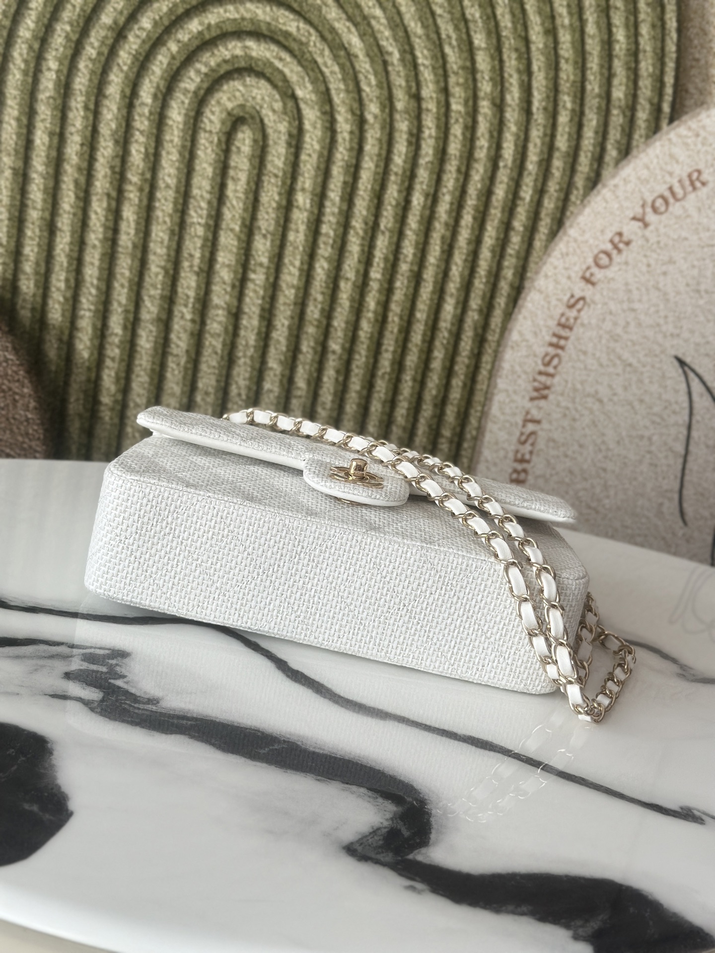 Classic Double Flap Bag in White Tweed with Light Gold Hardware (Model A01112  A69900) - Mocuir