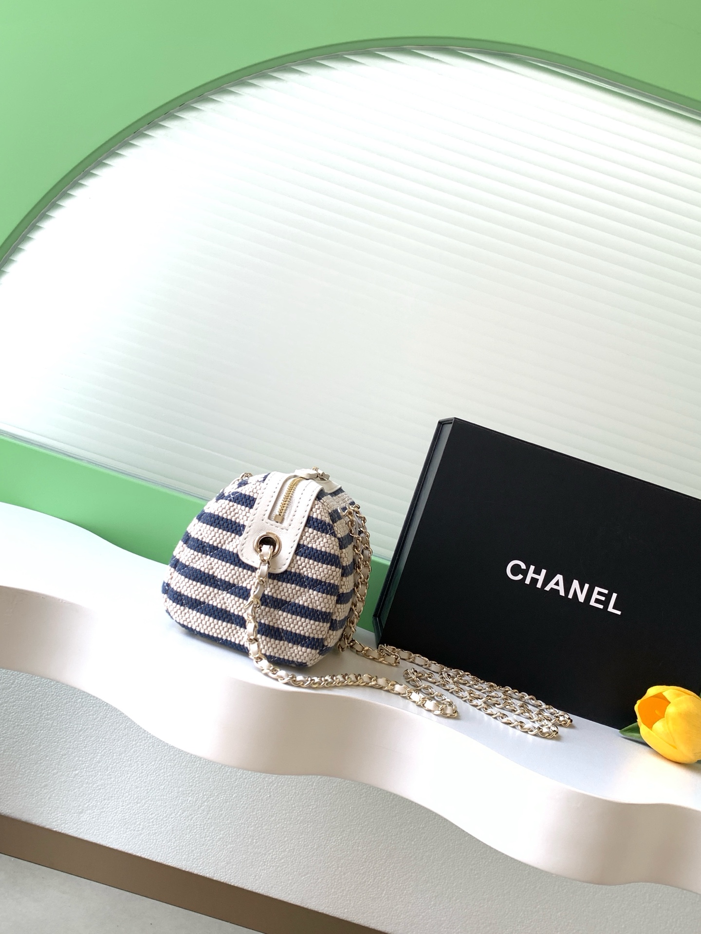 Deauville Striped Quilted Canvas Vanity Case / Box Bag in Navy Blue with Light Gold-Tone Hardware - Mocuir