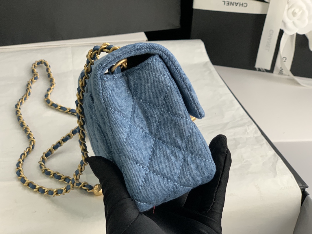 22C Classic Mini Flap Bag (Square) with Adjustable Ball Chain in Washed Denim Blue, Chevron Quilted, Gold-Tone Hardware - Mocuir