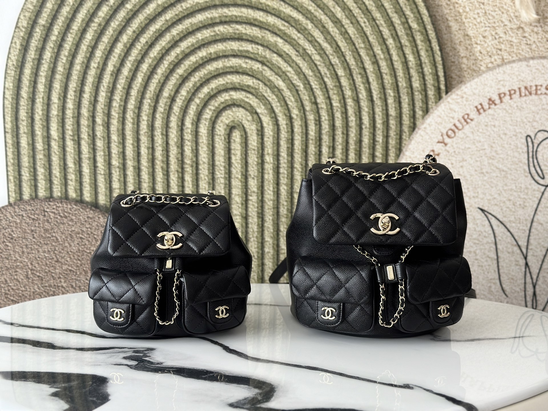 Classic Quilted Multi-Pocket Backpack in Black Caviar Leather with Gold-Tone Hardware - Mocuir