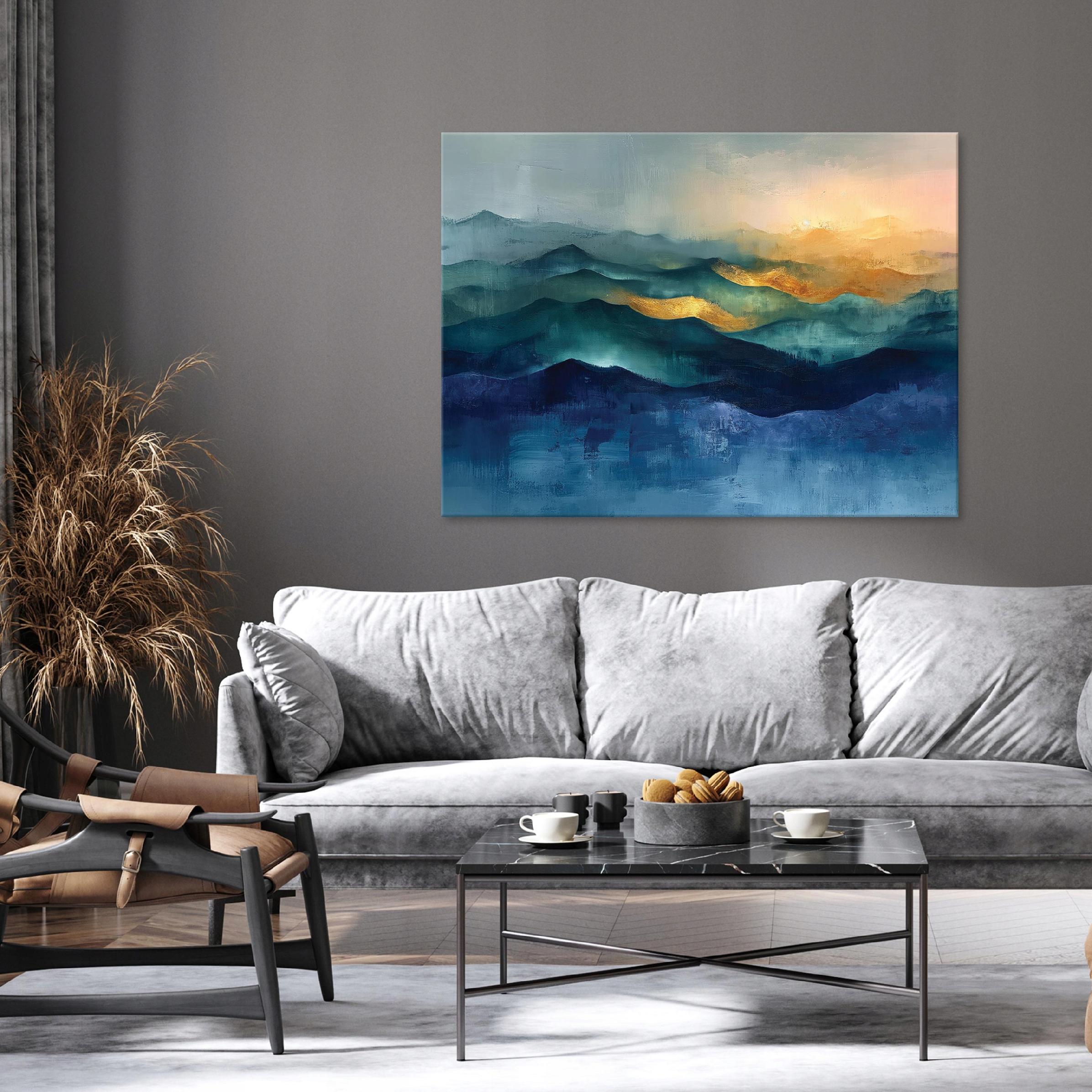 Abstract gold and blue modern painting on canvas for wall 40x30