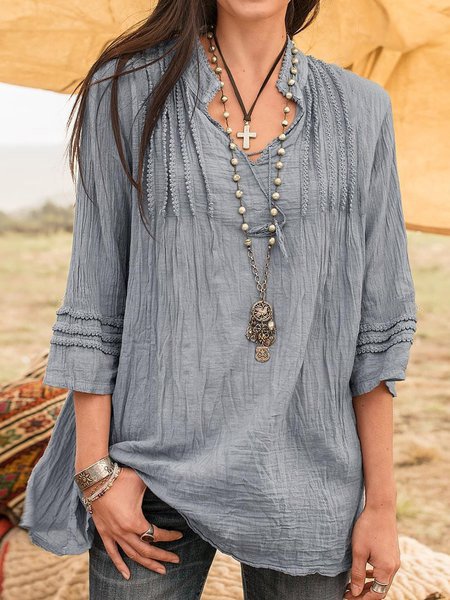 Boho Stand Collar Linen 3/4 Sleeve Guipure Lace Shirts & Blouses