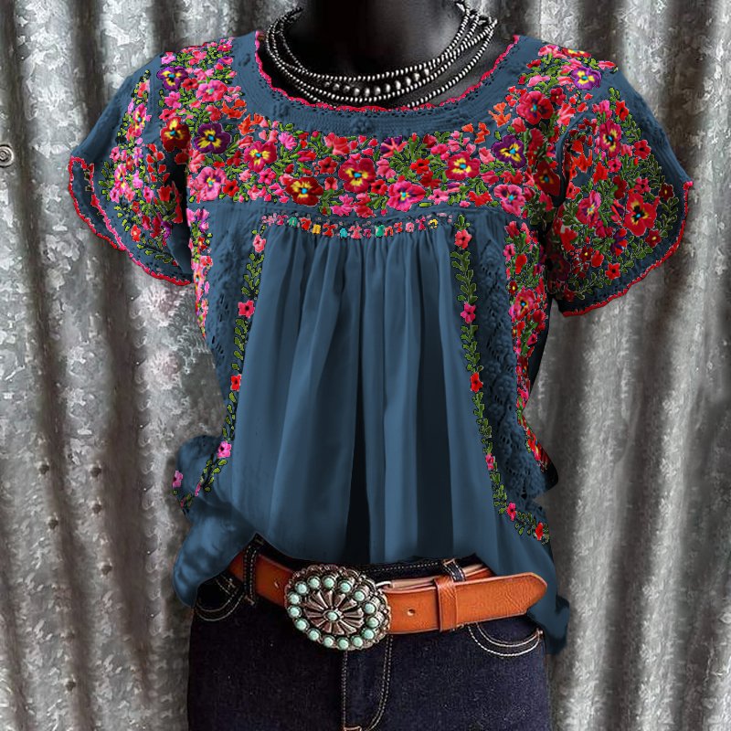 Women Floral Casual Round Neckline Short Sleeve Blouses