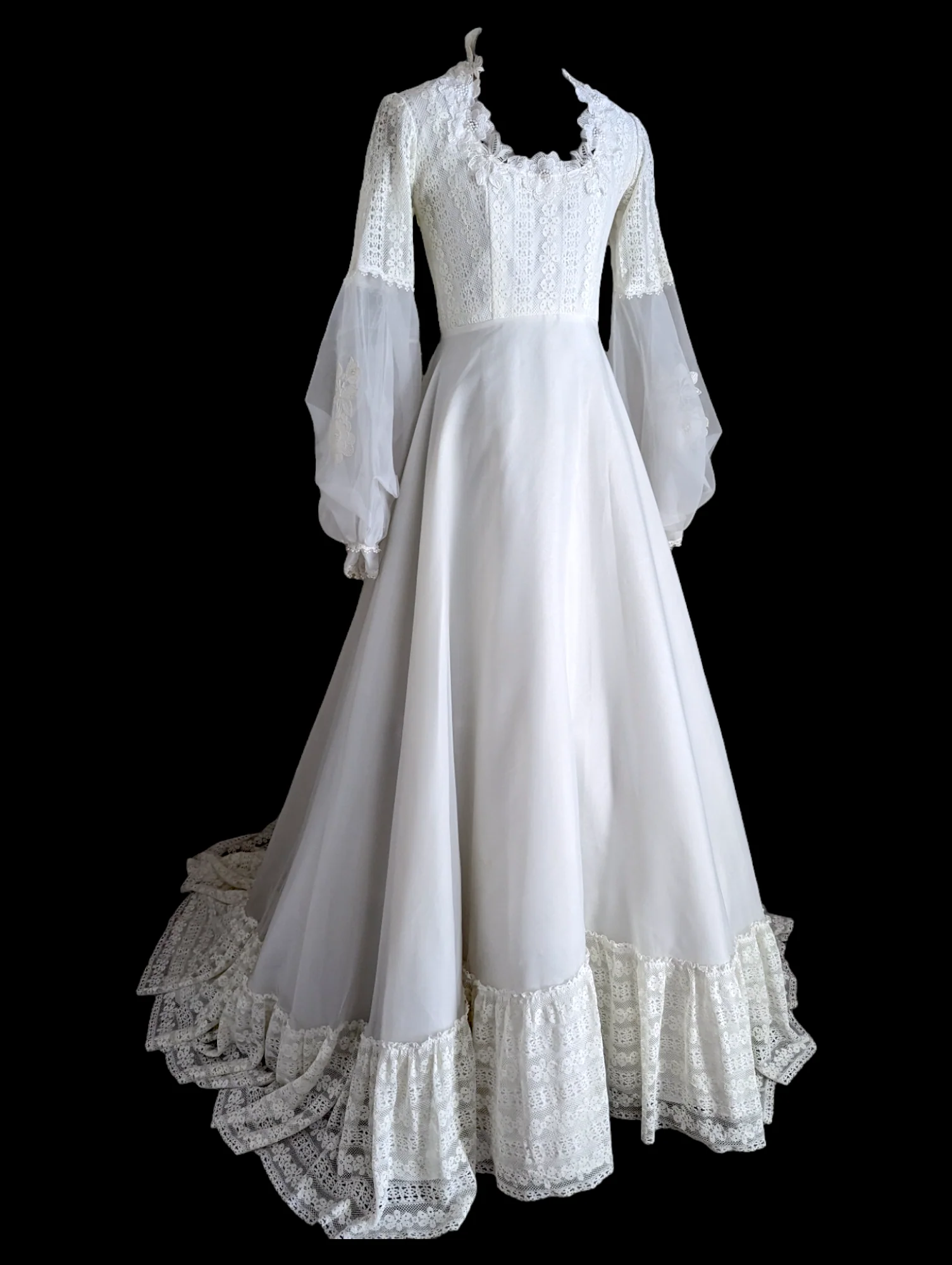 1960s Romantic Cottage Boho Style Wedding Dress with Bishop Sleeves, Queen Anne Neckline and Lace Accents in Bright White