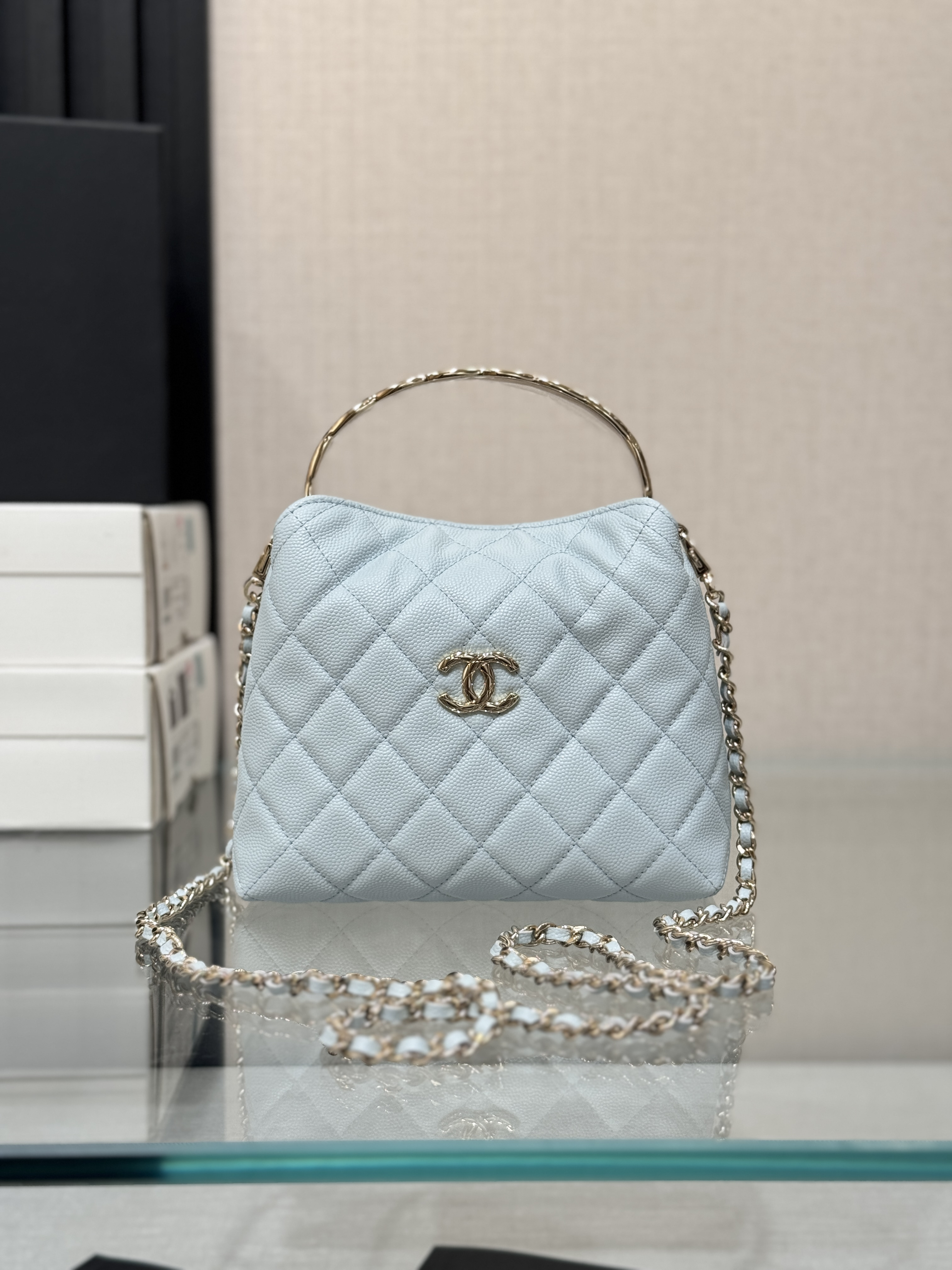 Metal Handle Bucket Bag（Light blue） - Mocuir