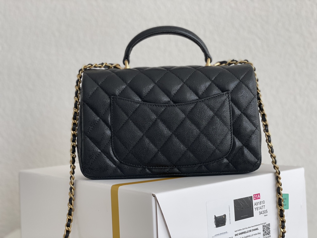 Classic Flap Mini Bag with Top Handle in Black Quilted Grained Calfskin (Caviar) with Gold-Tone Hardware - Mocuir