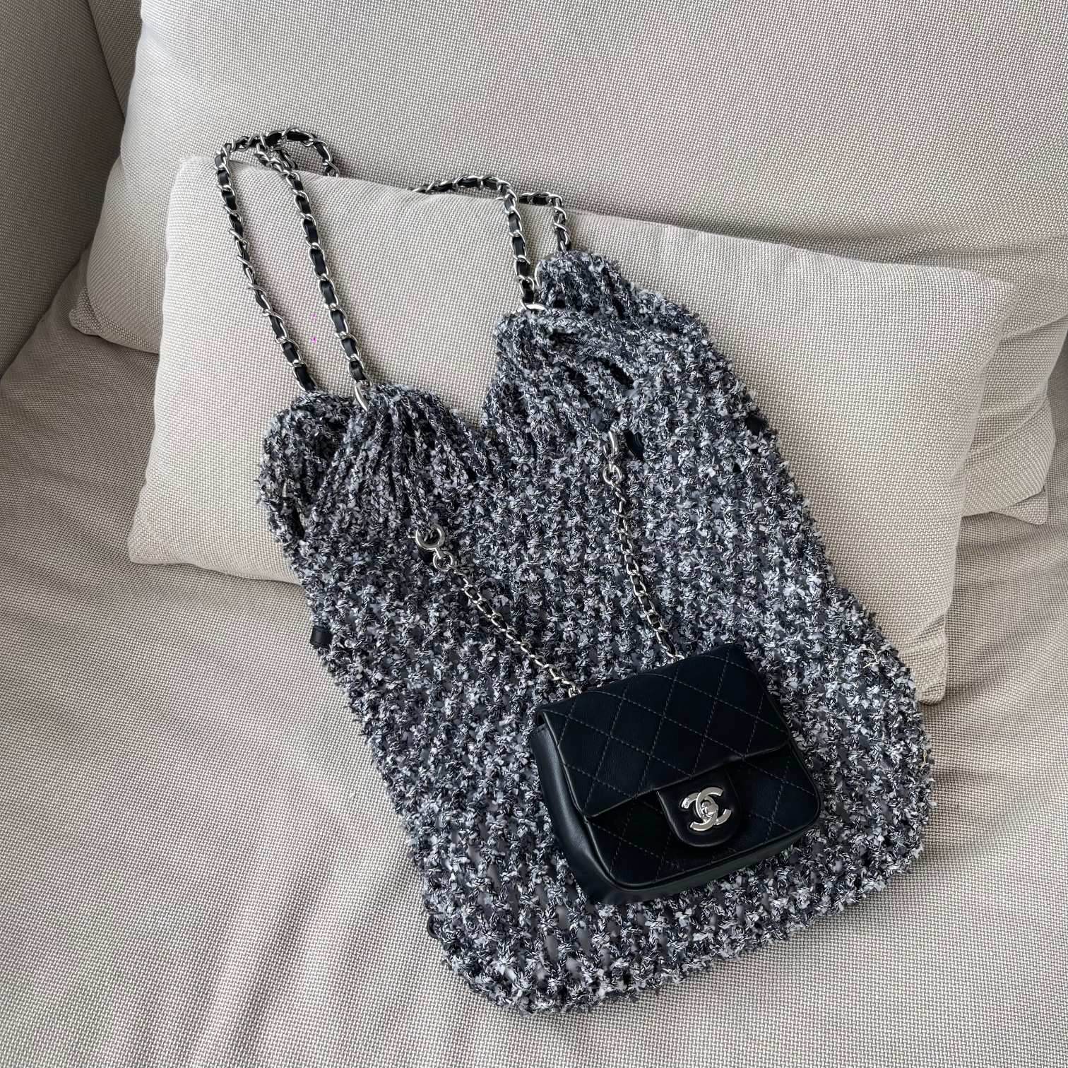 24C Black-Grey Knitted Mesh Tote Handbag with Attached Black Calfskin Mini Flap Bag and Silver-Tone Hardware - Mocuir