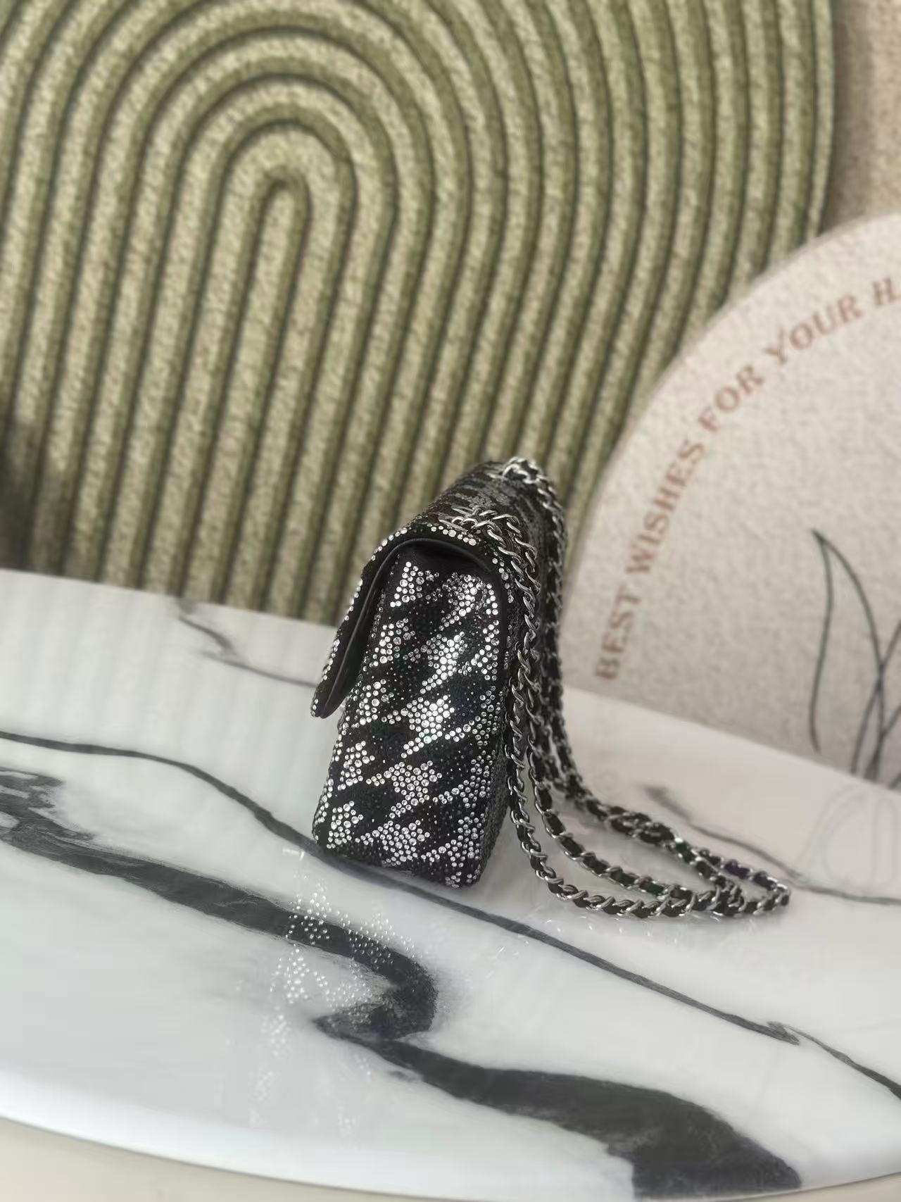 Limited Edition Black Strass Crystal Quilted Mini Classic Flap Bag with Silver-Tone Hardware - Mocuir