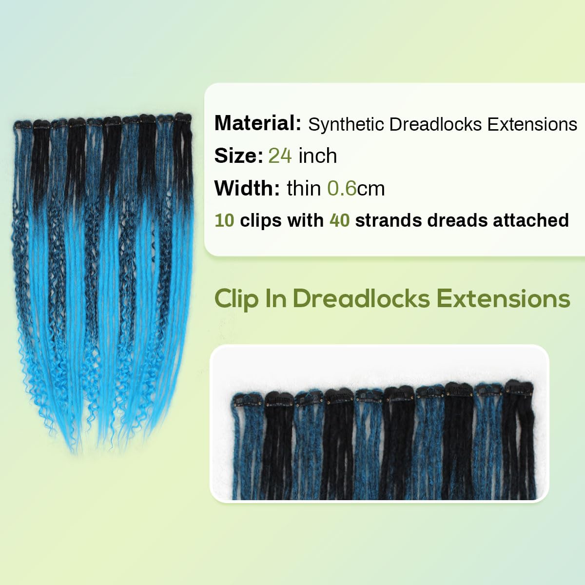 10PCS Clip in Dreadlock Extensions Full Sets, 24 inch Synthetic Clip Dreads Extensions Handmade Soft(Black/Blue, Clip-in 40 Strands)