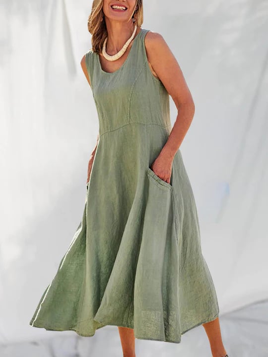Cotton Linen Solid Color Casual Pleated Holiday Dress