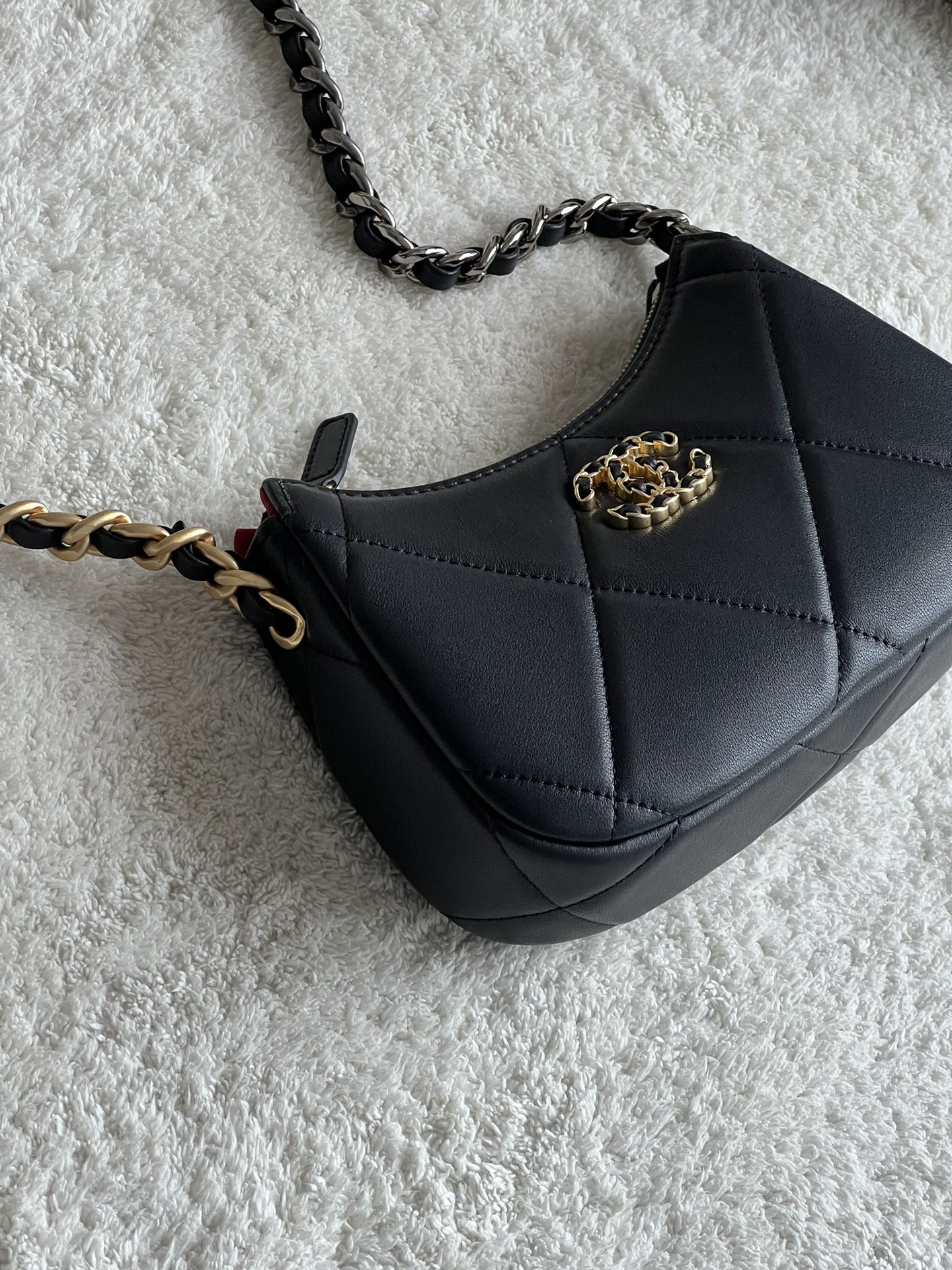 19 Half Moon Hobo Bag in Black Quilted Lambskin with Gold-Tone and Ruthenium-Finish Hardware - Mocuir