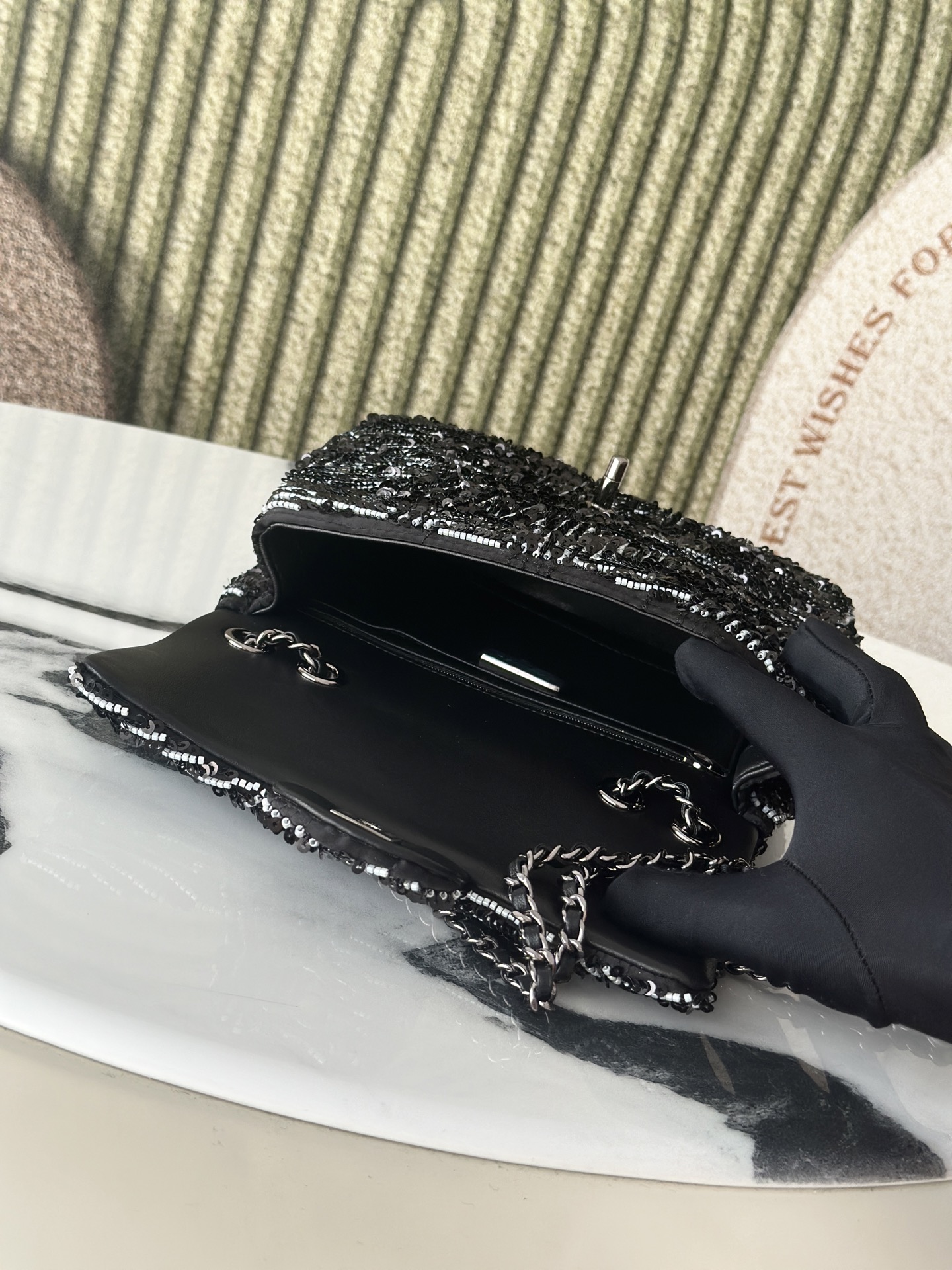 25C Classic Flap Black & White Diagonal Stripe Sequin Bag - Mocuir