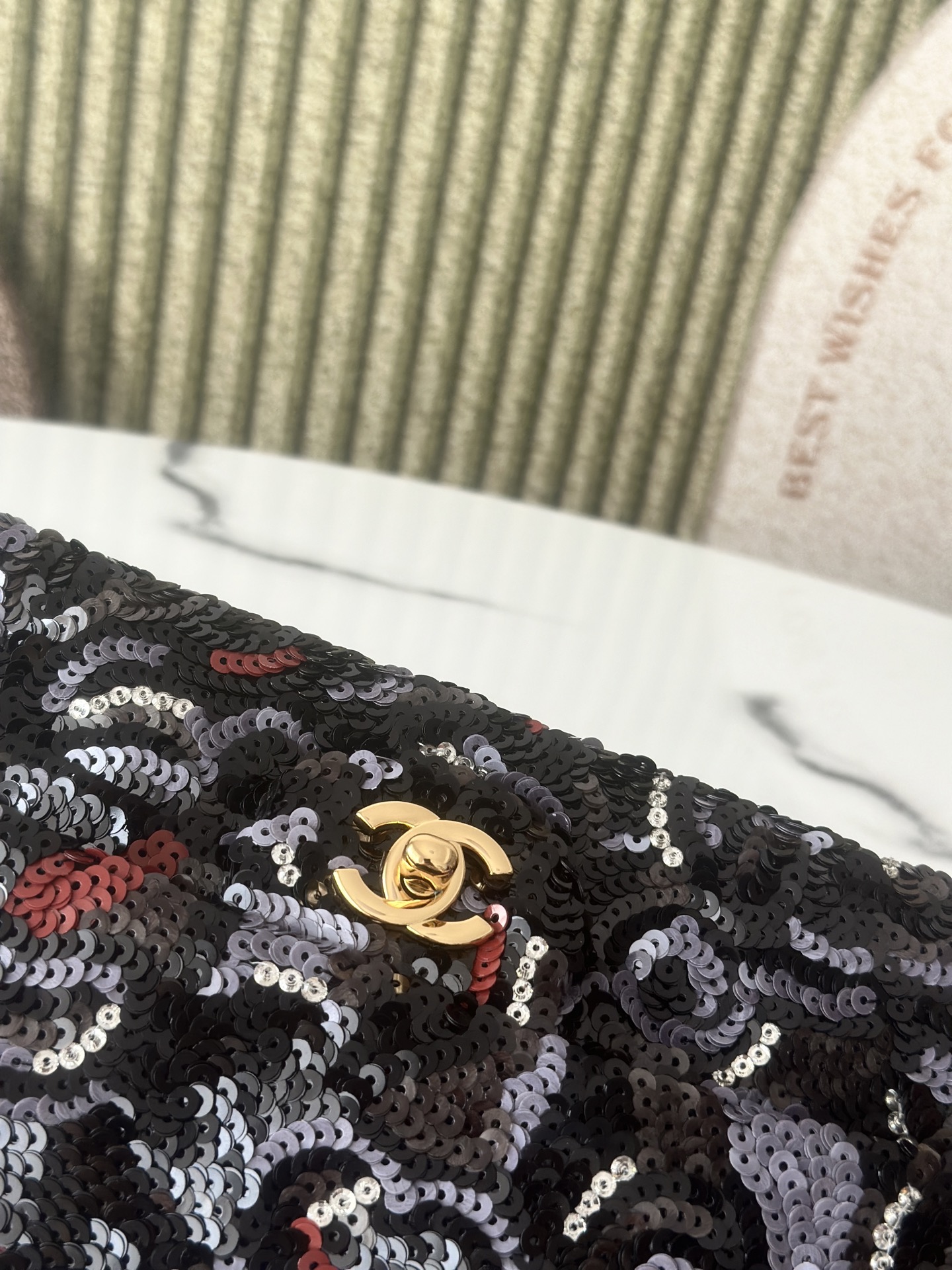 Limited Edition Black Red Grey Sequin Abstract Quilted Mini Classic Flap Bag with Gold-Tone Hardware - Mocuir