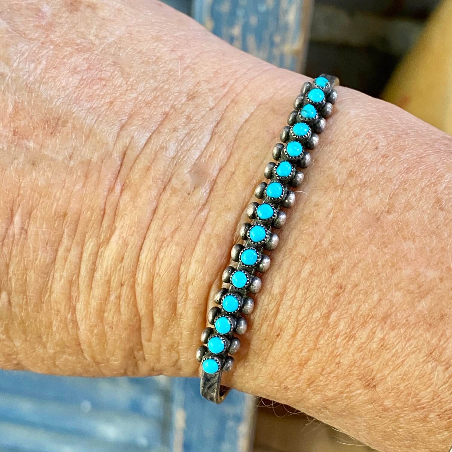 Old Zuni Turquoise Dots Row Bracelet in Sterling Silver
