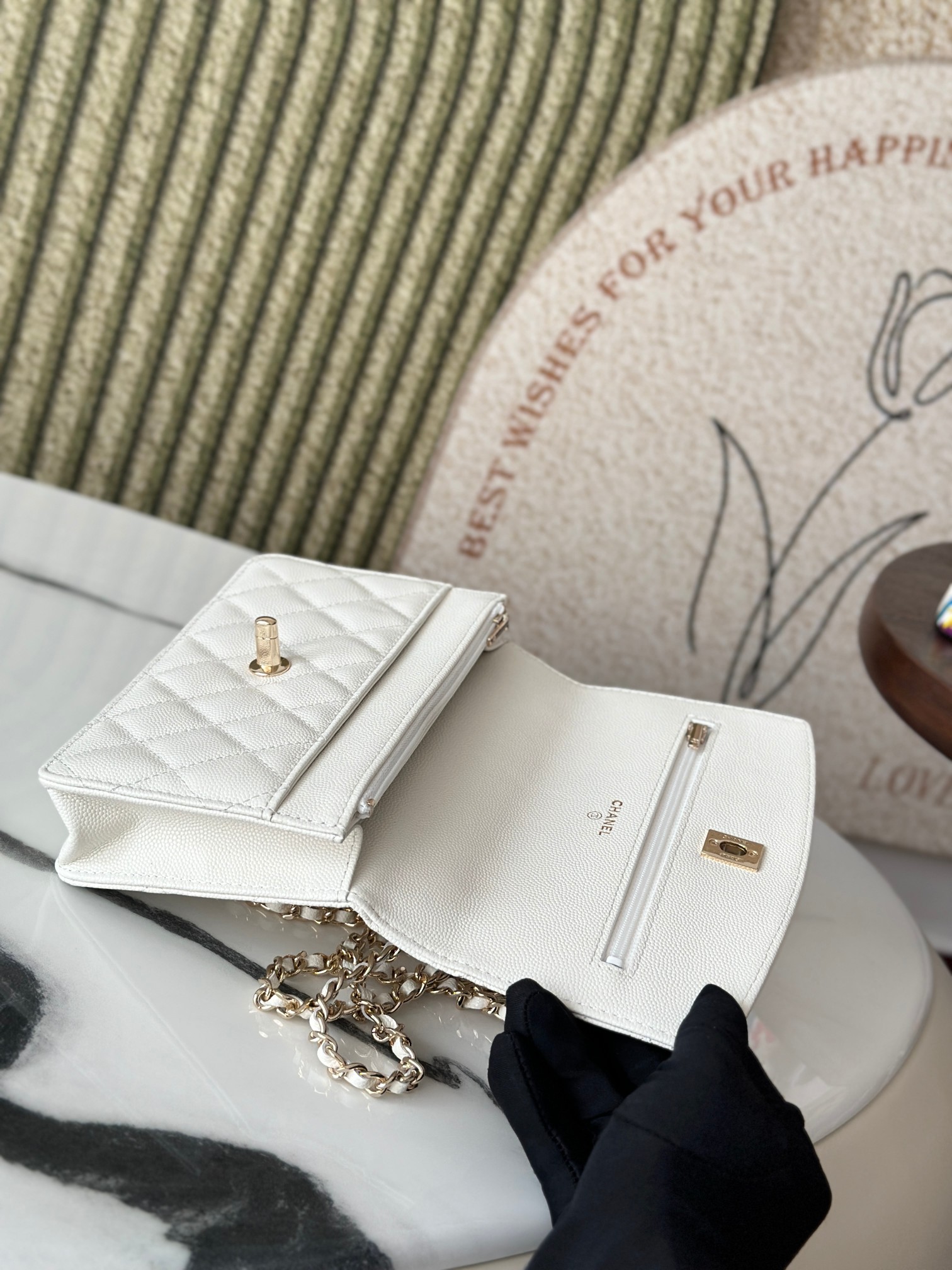 Classic Flap Mini Bag with Top Handle in White Caviar Leather with Light Gold Hardware (Model AP3341) - Mocuir