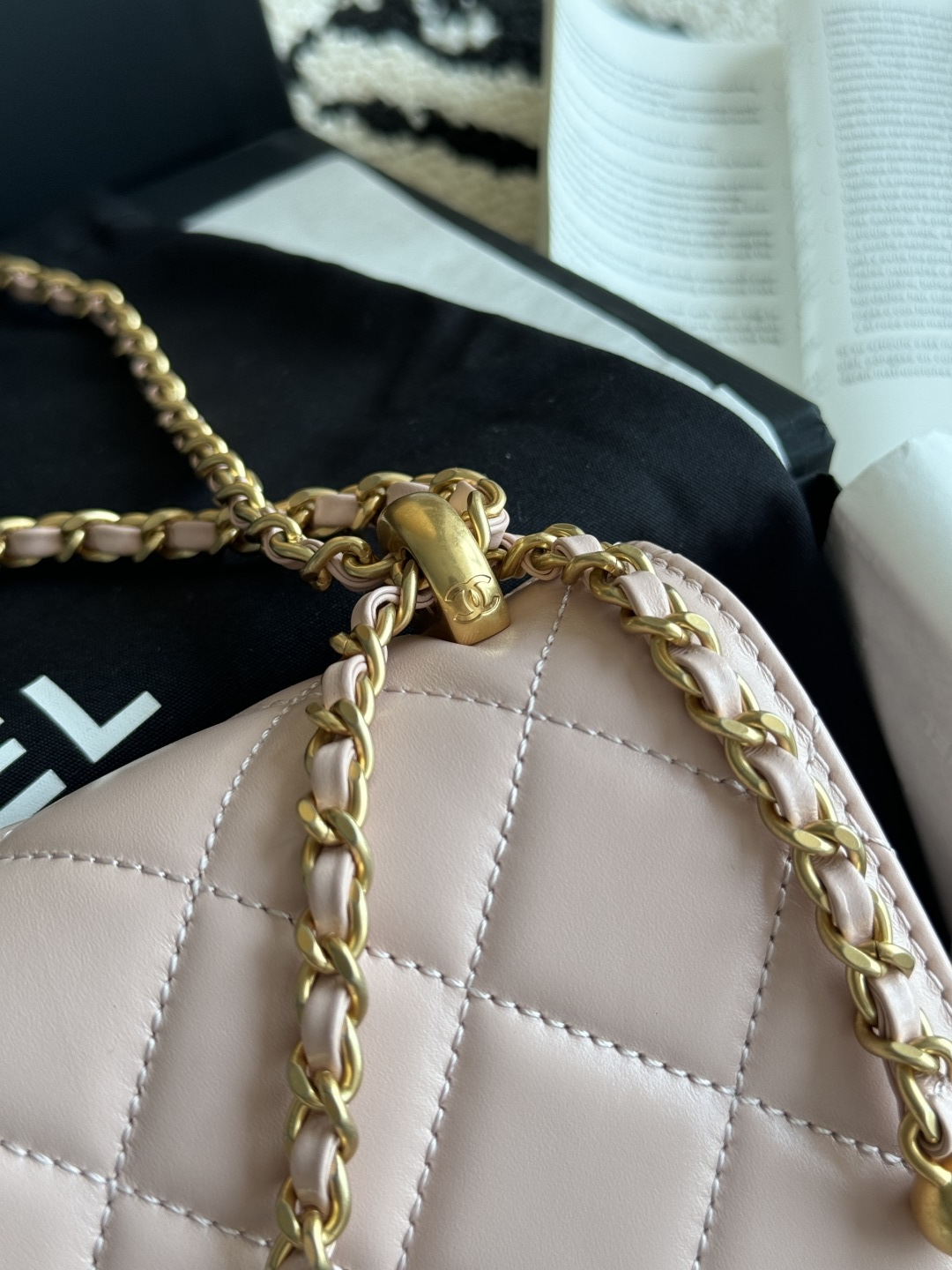 Wallet On Chain (WOC) with Double Gold Balls in Light Pink Quilted Shiny Caviar Leather with Antique Gold-Tone Hardware - Mocuir