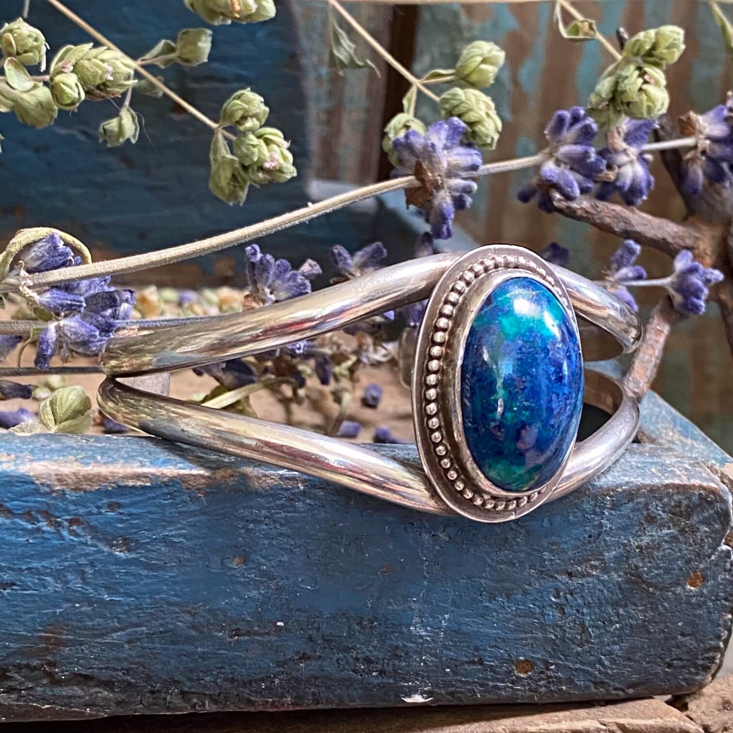 Navajo Azurite Malachite Sterling Silver Cuff Bracelet Vintage