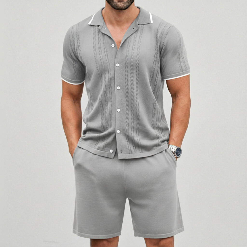 Men's Casual Breathable Contrast Trim Short Sleeve Shirts & Shorts 2 Pcs Set