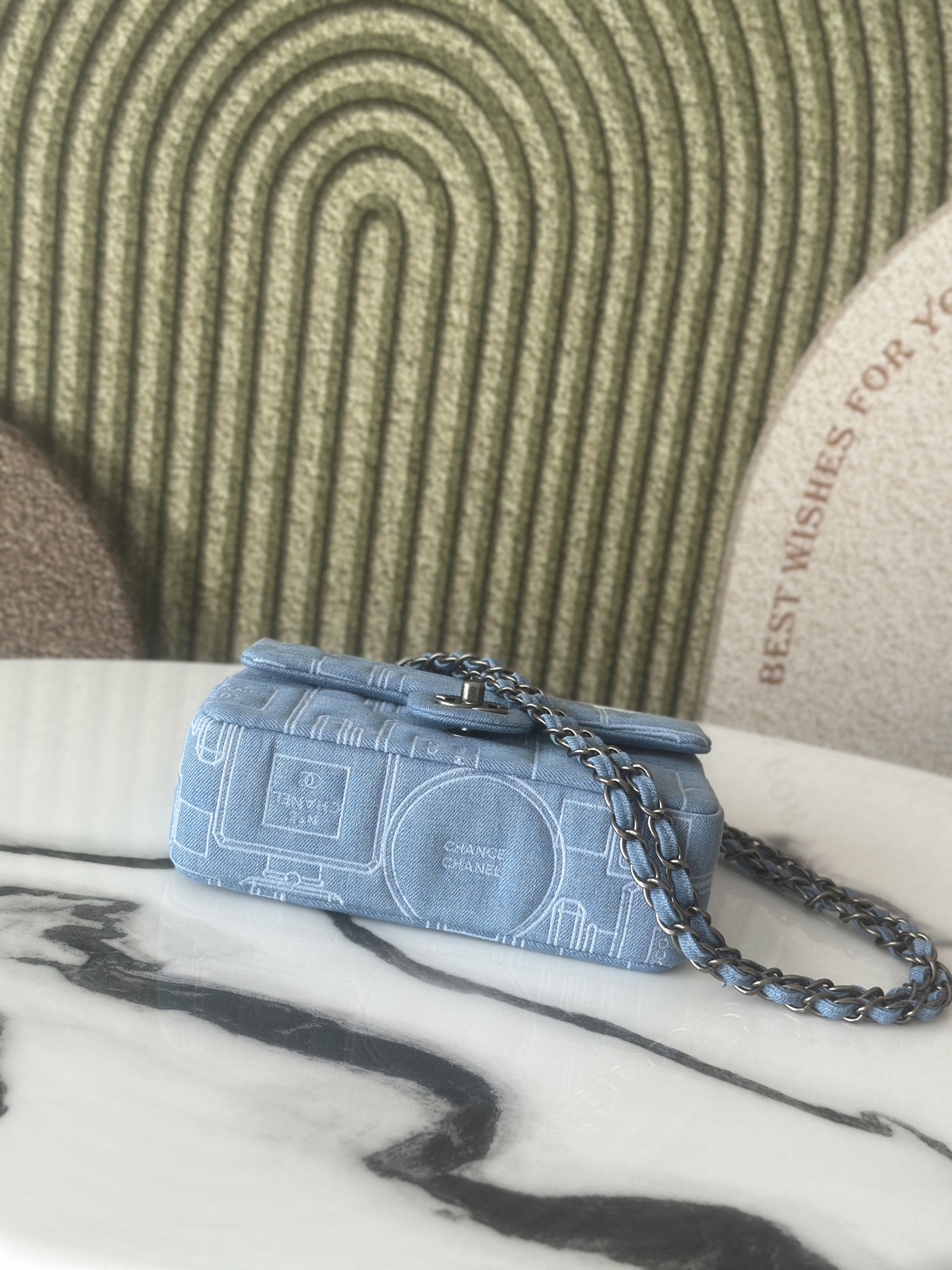 Classic Single Flap Bag in Light Blue Denim with Perfume Bottle Print (Silver Hardware) - Mocuir