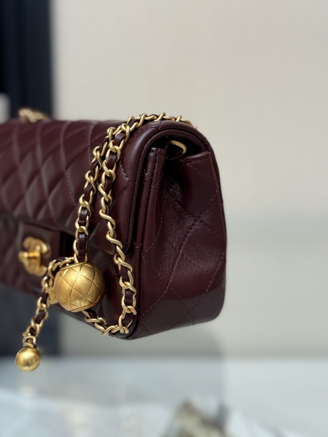 Classic Flap Large Mini (20cm) Bag (AS1787) in Burgundy Quilted Lambskin with Antique Gold-Tone Hardware & Globe Adjustable Gold Ball - Mocuir