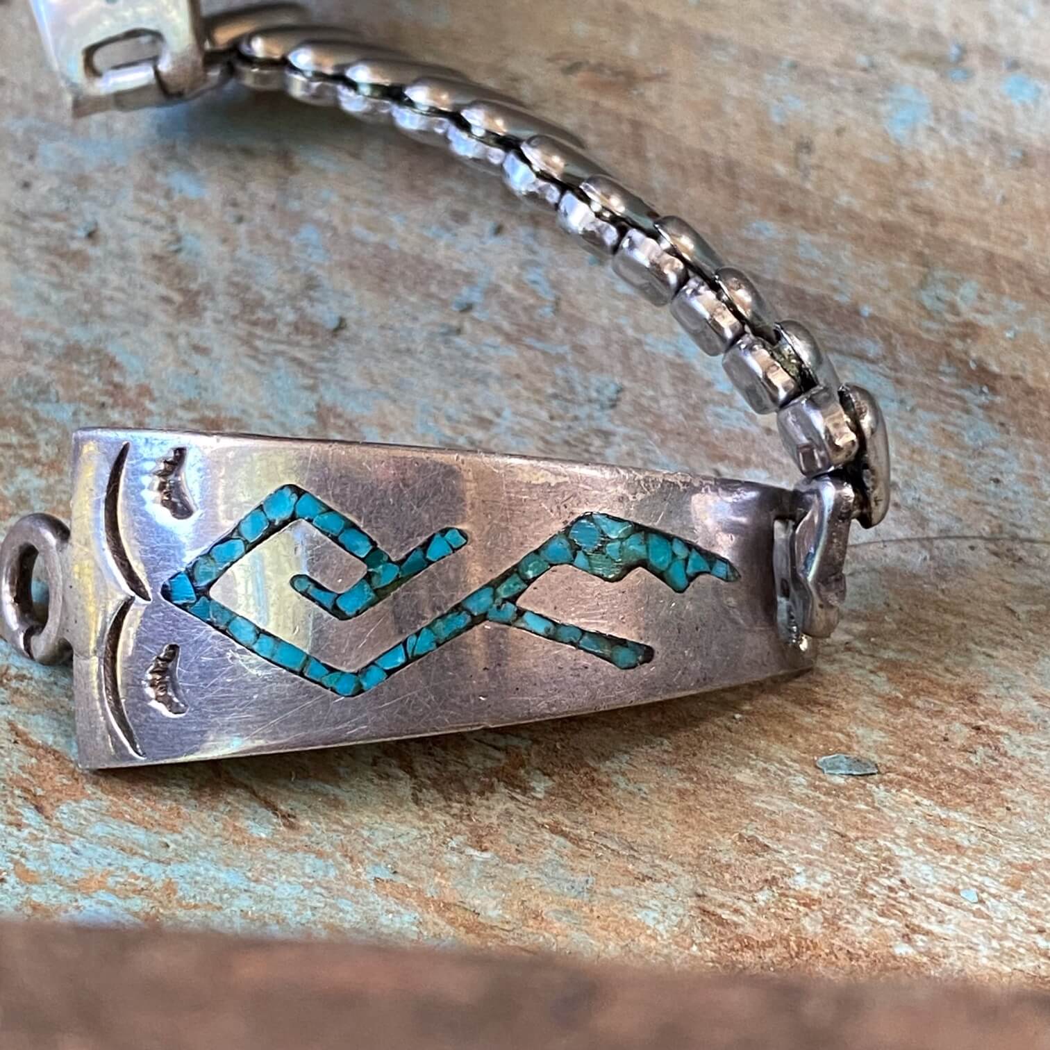 Vintage Sterling Turquoise Chip Mosaic Watch Band Plates