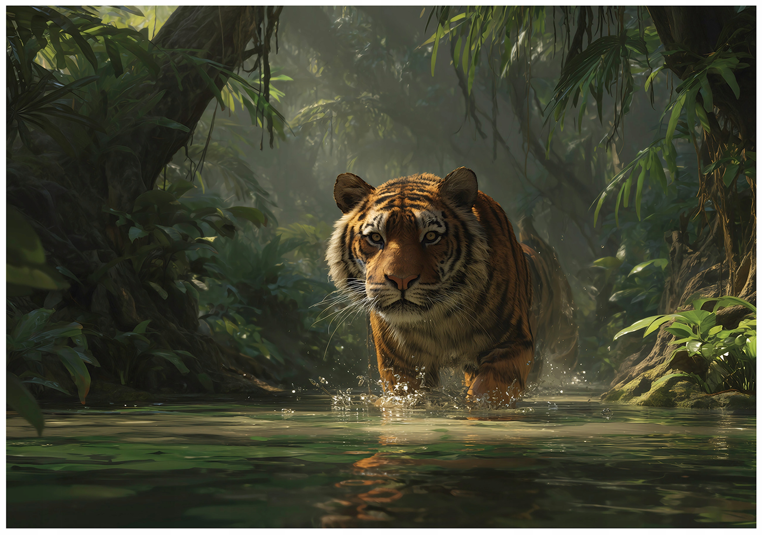 Tiger, forest, jungle wall mural for bedroom or living room; non-woven wallpaper