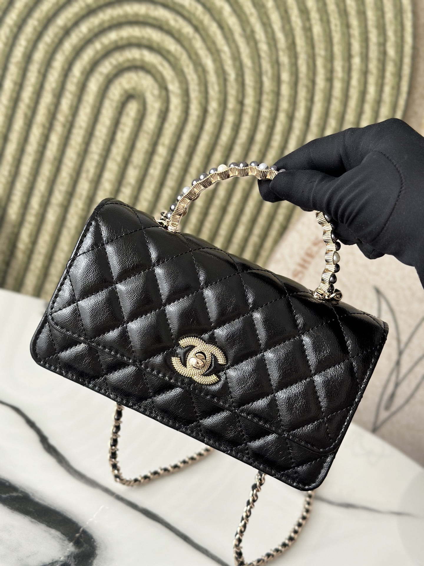 26C Black Shiny Calfskin Quilted Wallet On Chain (WOC) with Imitation Pearl & Crystal Handle - Mocuir