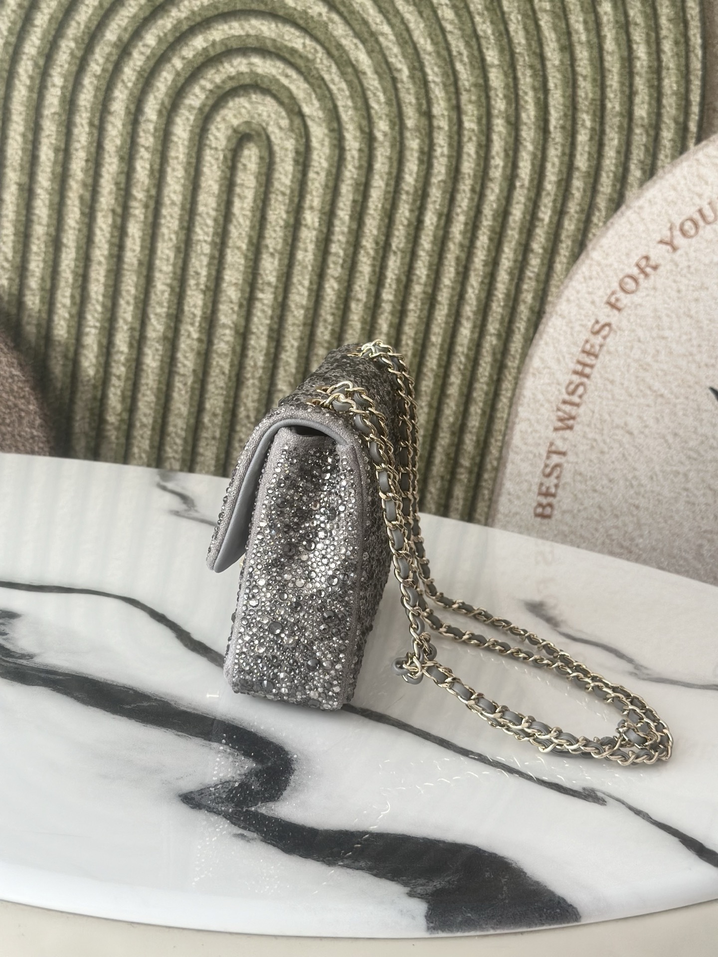 Classic Flap Mini Bag in Silver Grey Strass Crystal Embellished Suede (Gold Hardware) - Mocuir