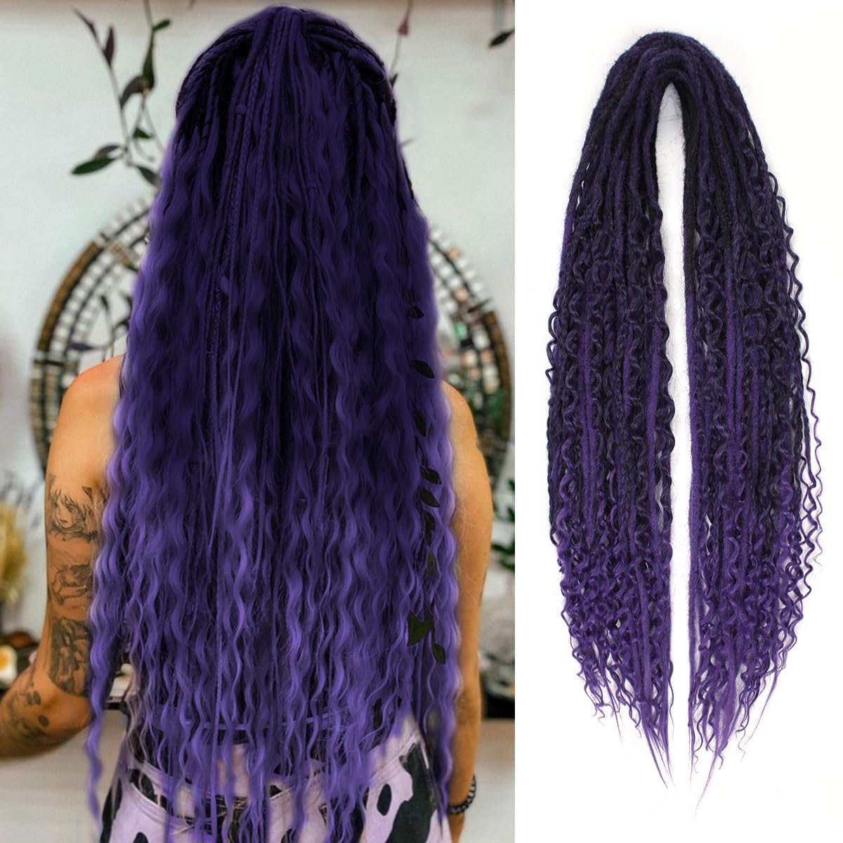 24 Inch 3 In 1 Dreadlock Extensions Sets, 30 Strands Mixed Ombre Purple Synthetic DE Dreads Extensions, 100% Handmade Soft Double Ended Curly Boho Wavy Dreads for Girls