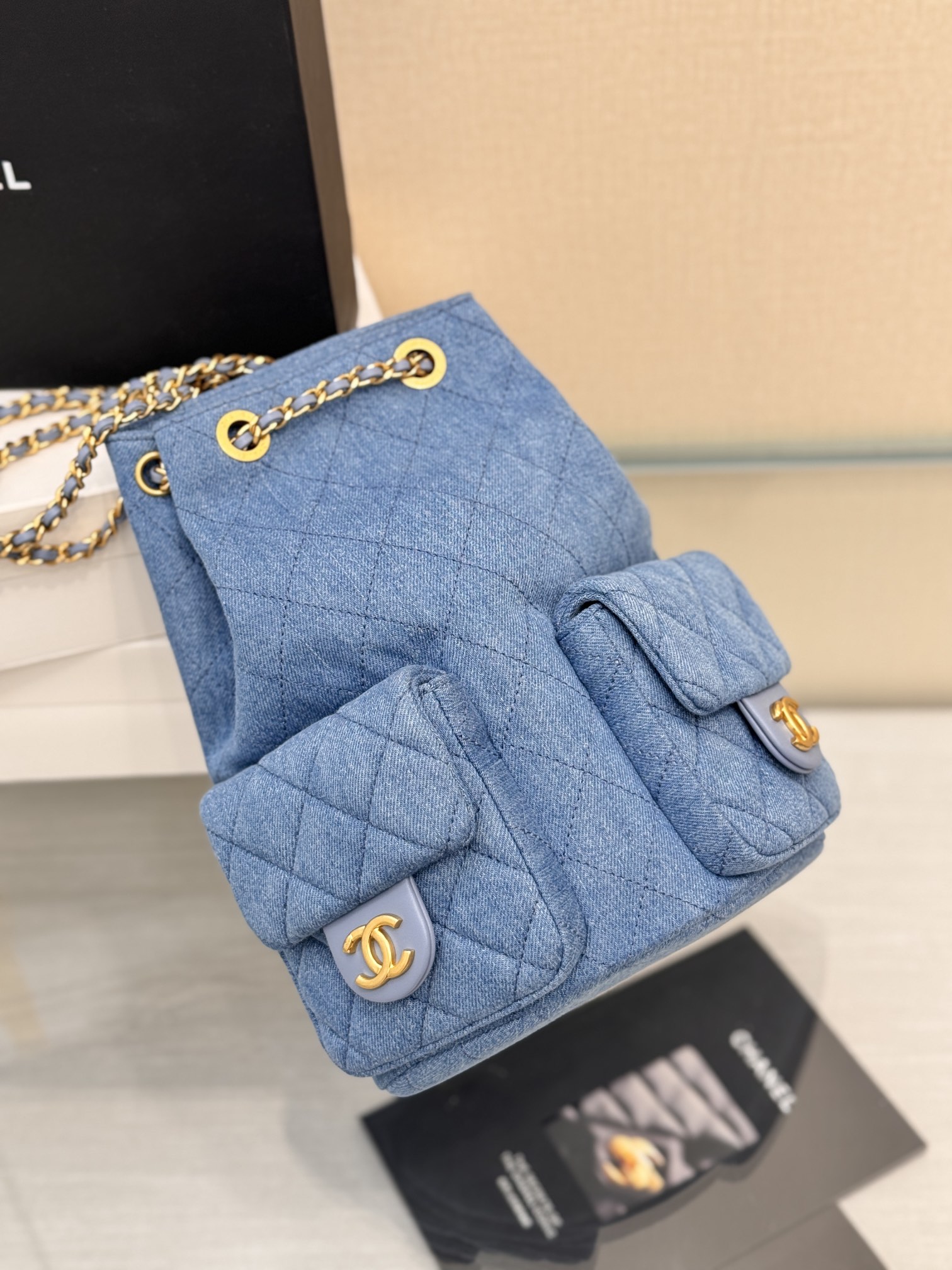 Drawstring Bucket Backpack（Light Denim Blue） - Mocuir