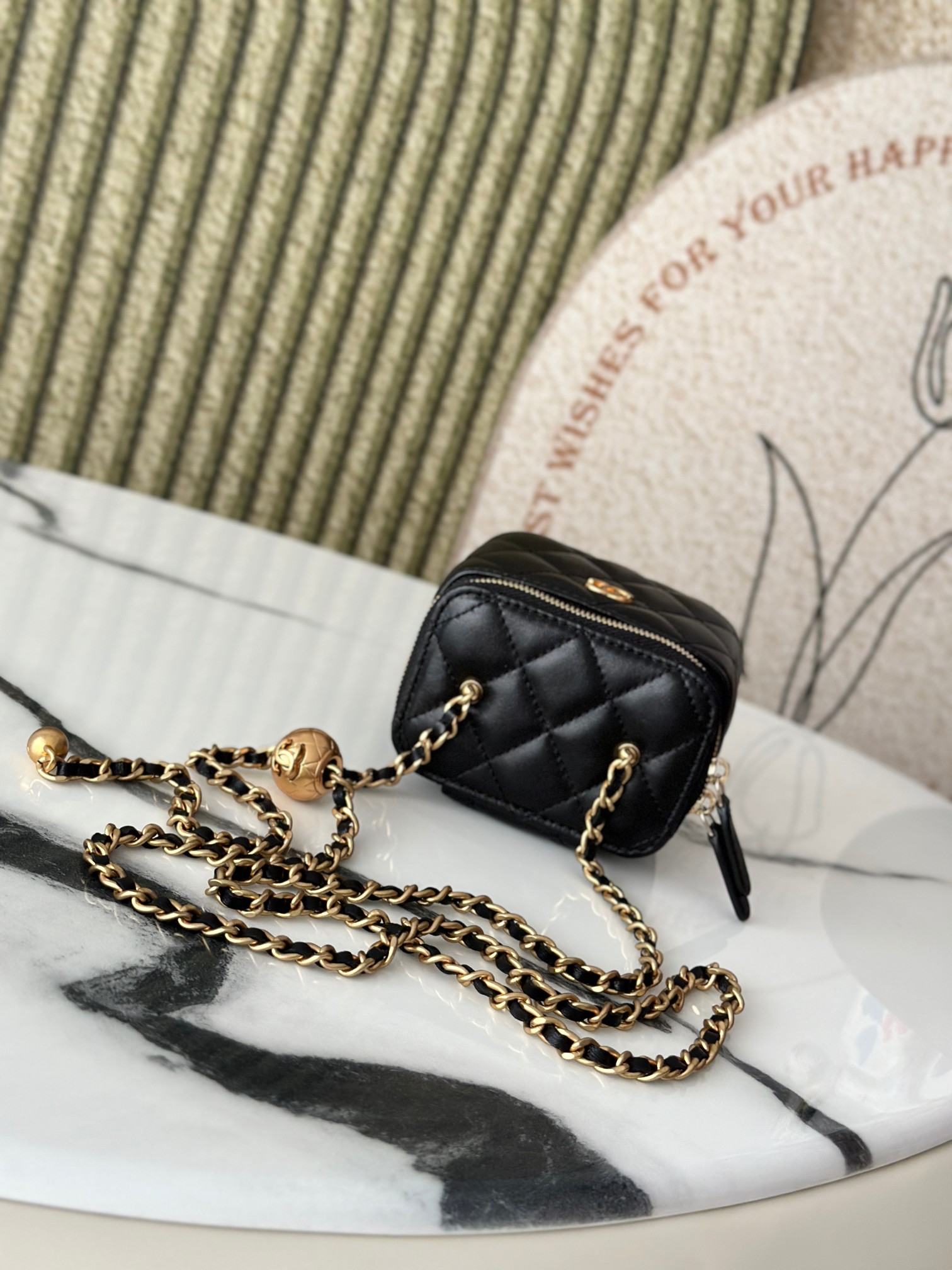 Mini Square Vanity Case with Adjustable Ball Chain in Black Quilted Lambskin with Gold-Tone Hardware - Mocuir