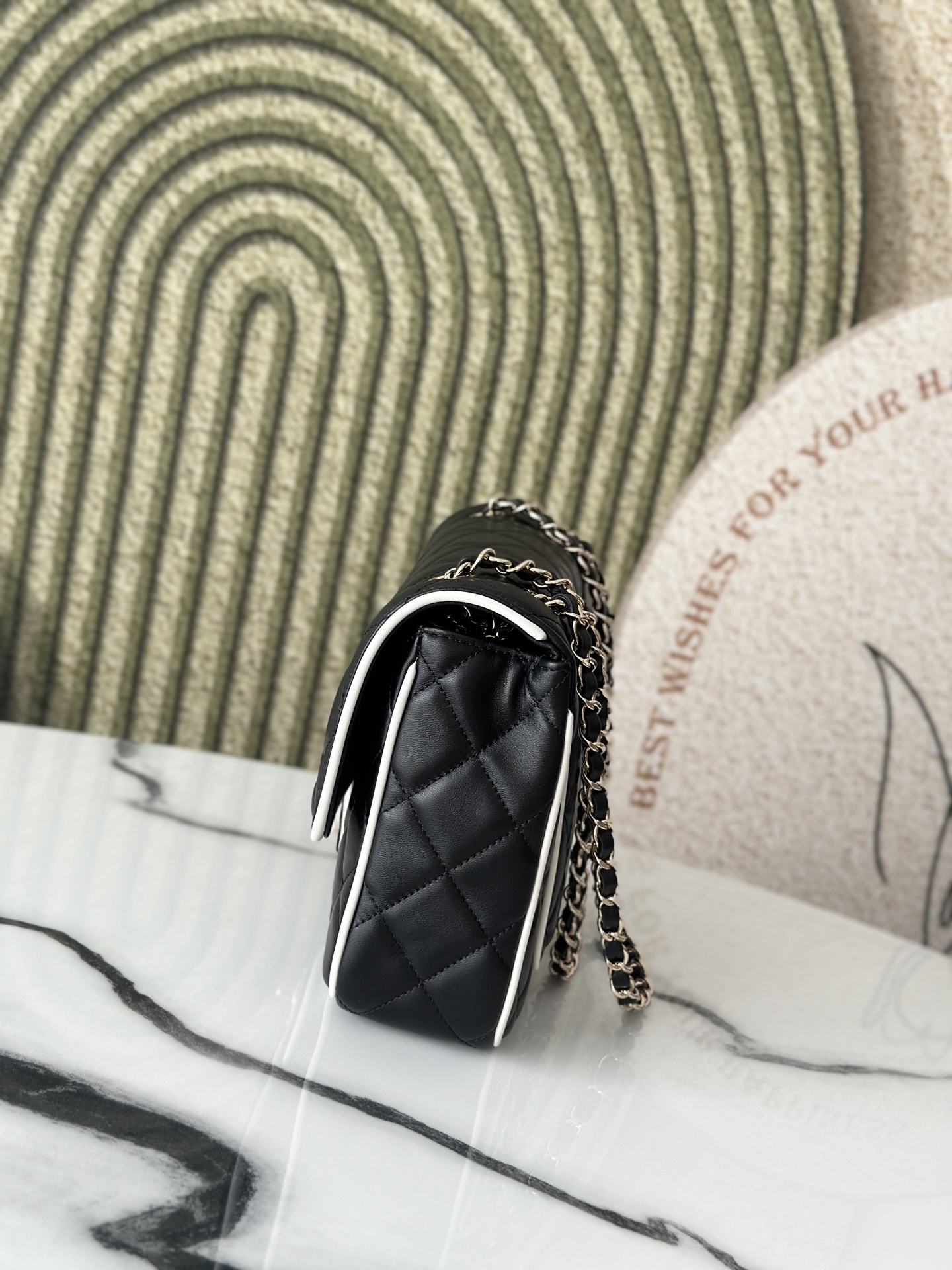 Medium Classic Flap Bag with White Trim in Black Lambskin with Gold-Tone Hardware - Mocuir