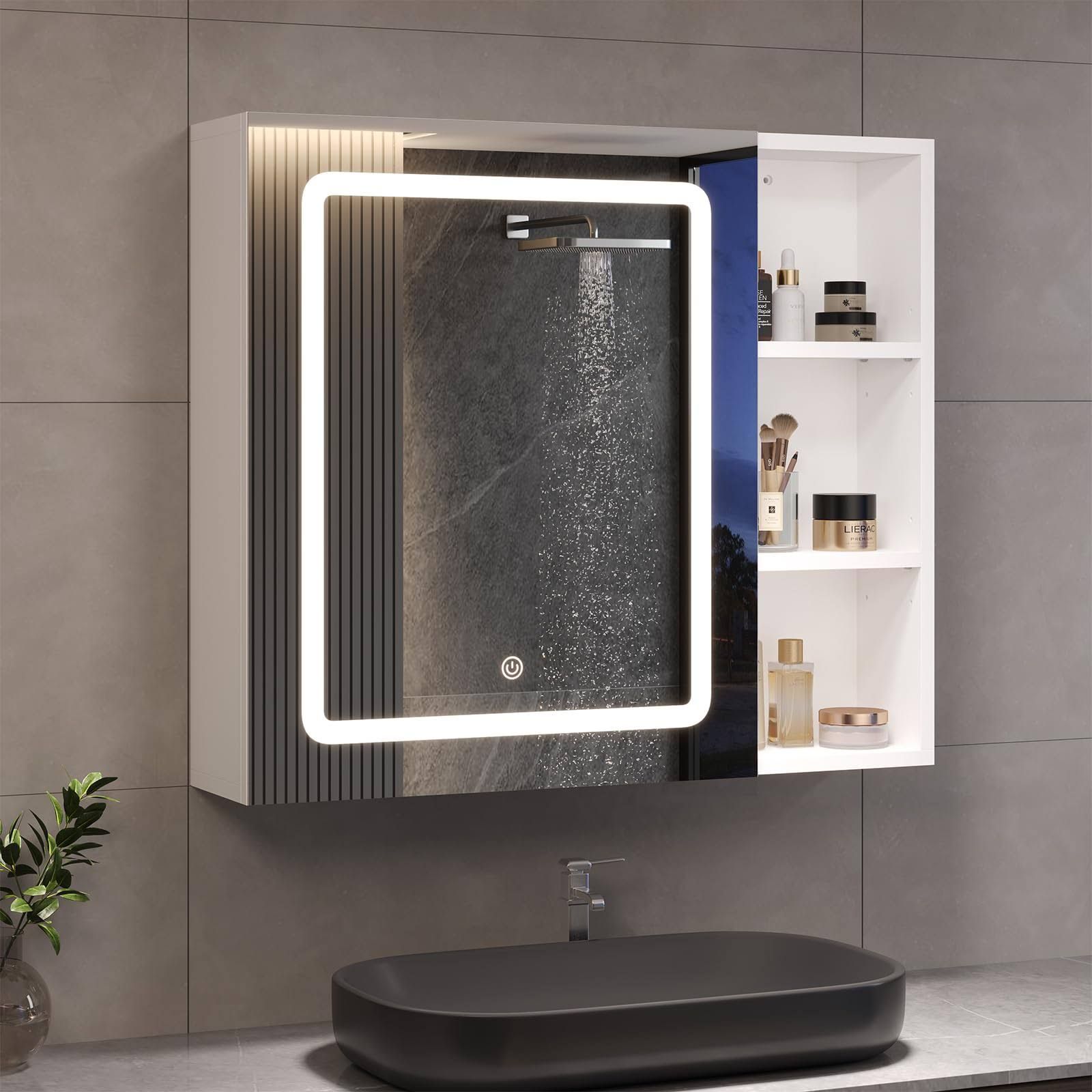 DICTAC Mobiletto Bagno con Specchio 70x16x60 Specchio Contenitore Bagno con Luce e Ante,Armadietto Bagno Sospeso con Mensola Regolabile,Specchiera