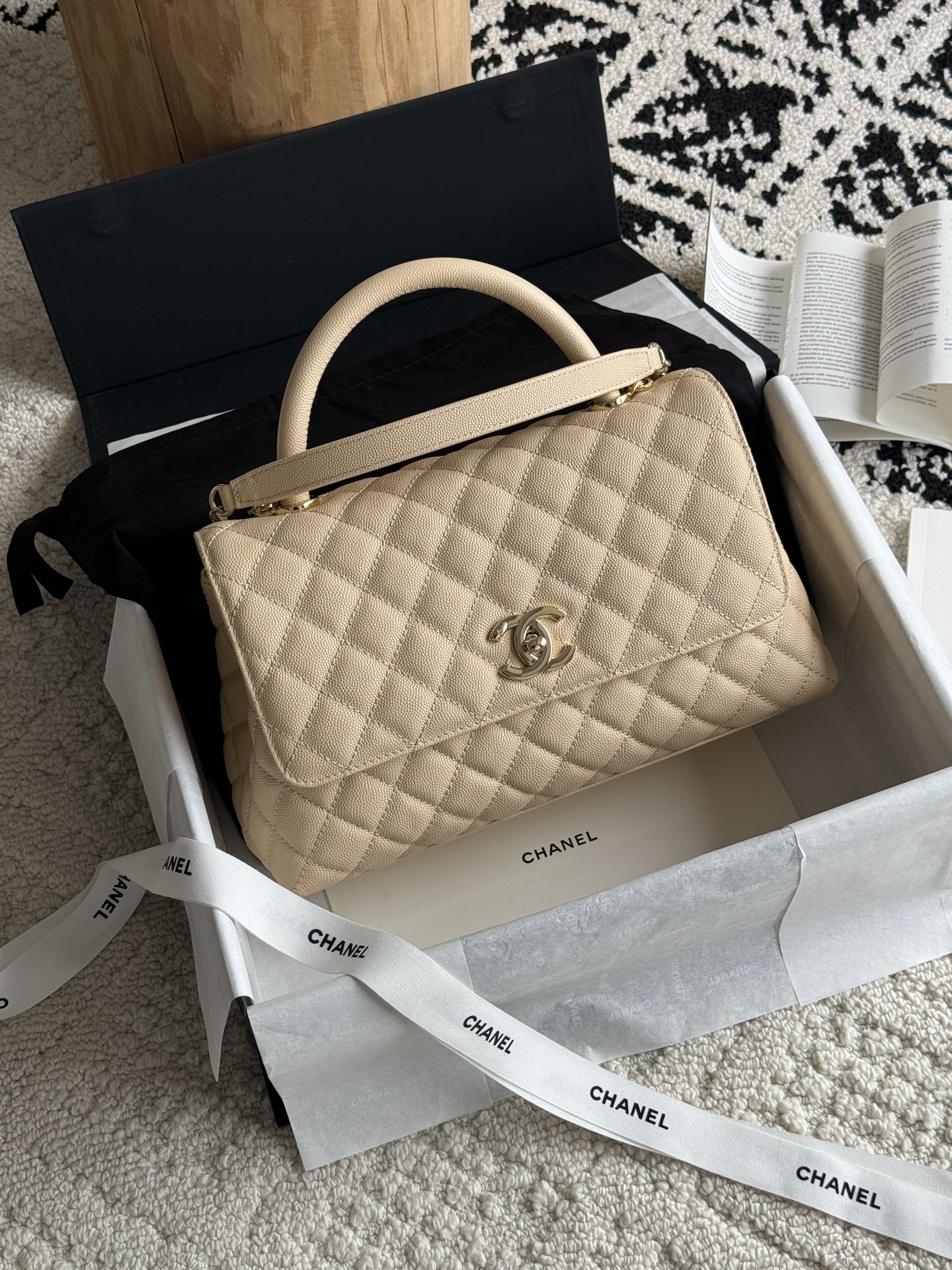 Small Coco Handle Flap Bag in Light Beige Quilted Caviar Leather with Light Gold-Tone Hardware - Mocuir