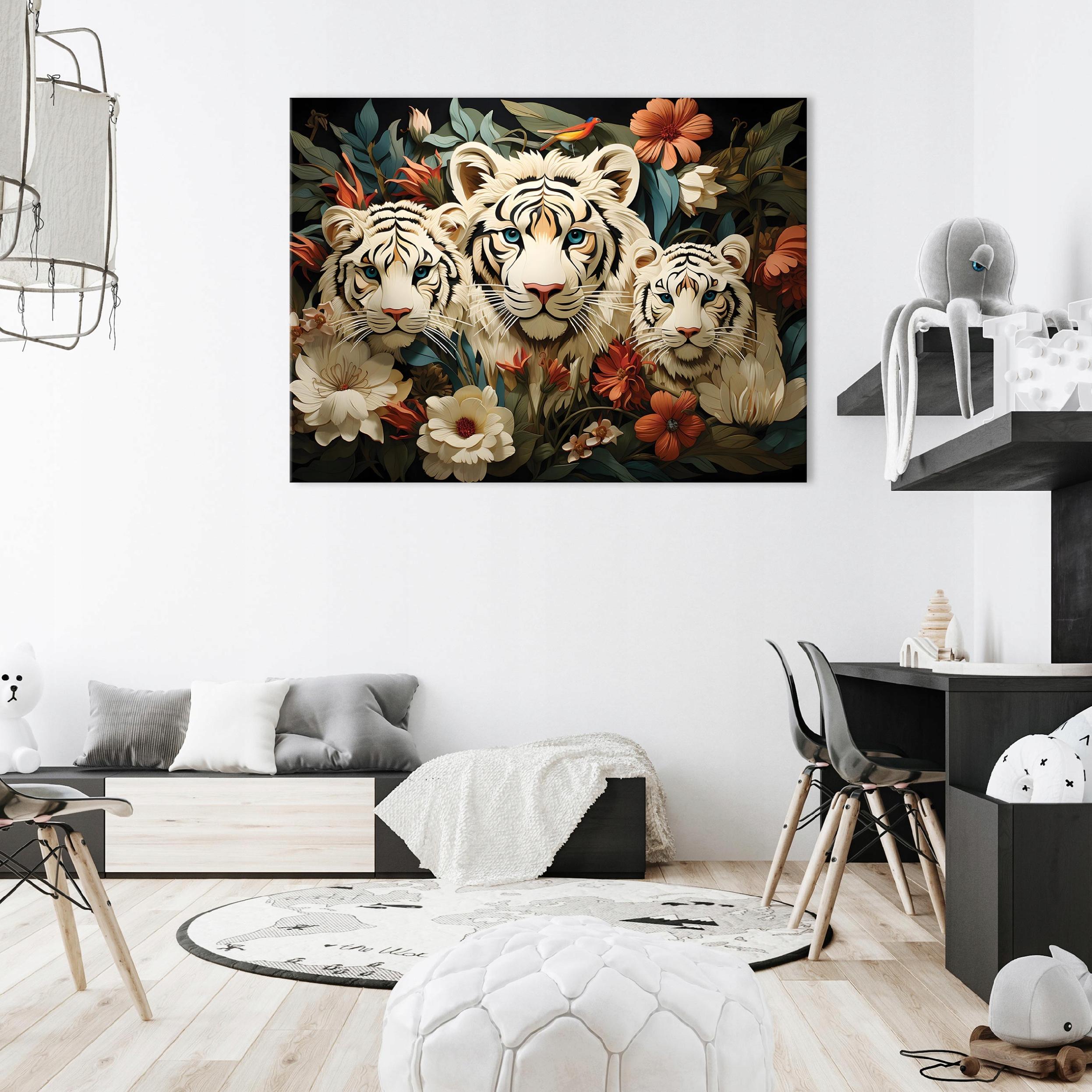 Tiger, flowers, and animals painting on canvas for a bedroom or living room wall, 60x40