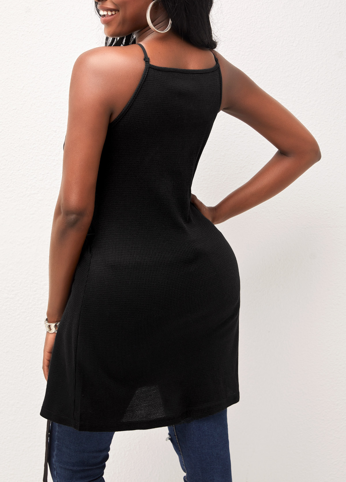 Cross Strap Side Slit Black Camisole Top