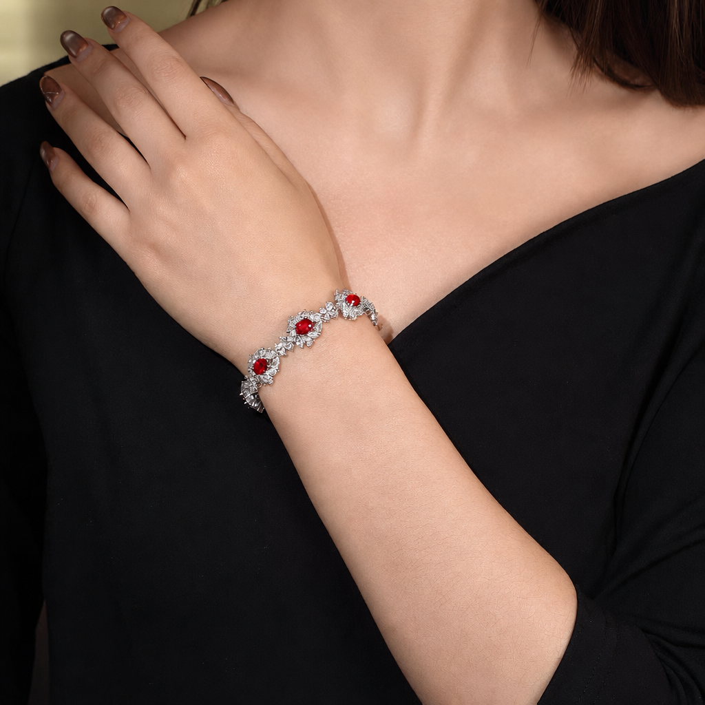 Crimson Blossoms – Ruby and Full-Pavé Diamond Bracelet