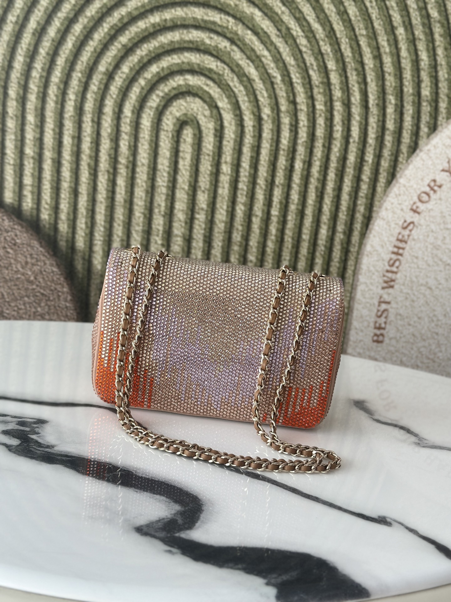 Classic Flap Mini Bag in Nude Plaid Strass Crystal Embellished Suede (Gold Hardware) - Mocuir